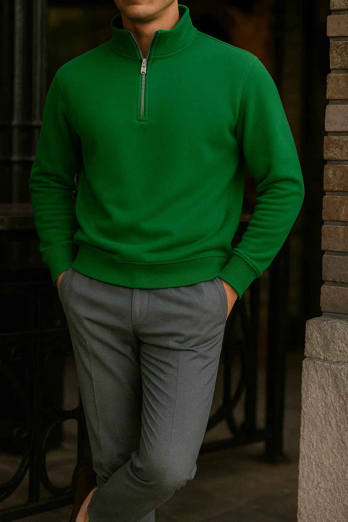 Erkek Premium Kışlık Yeşil Fermuarlı Sweatshirt 3