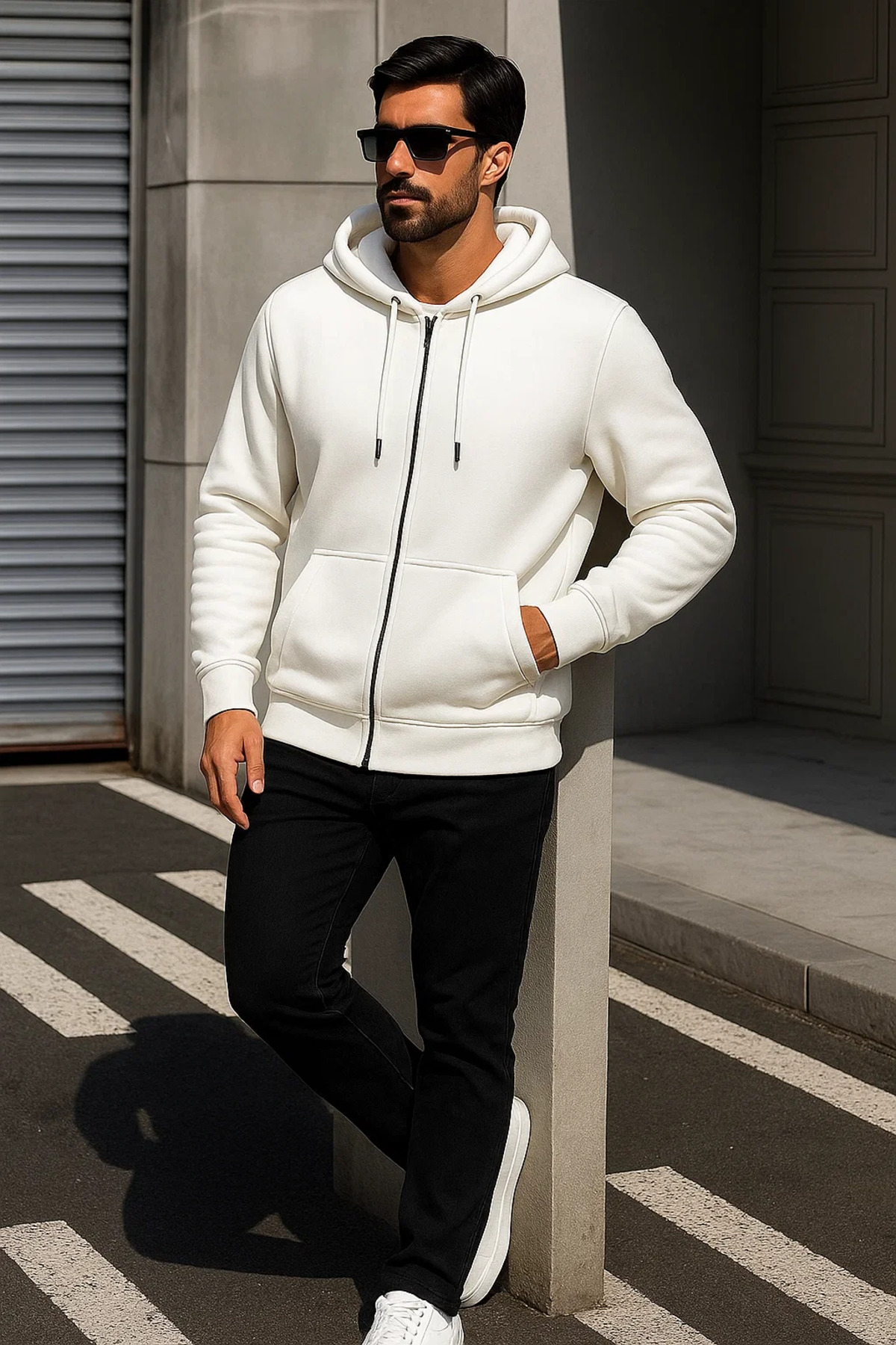 Erkek Trend Kışlık Beyaz Oversize Sweatshirt 4