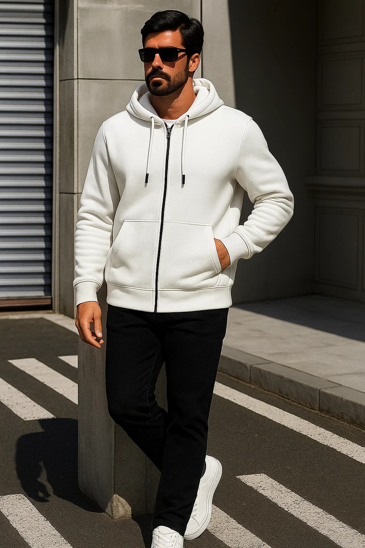 Erkek Trend Kışlık Beyaz Oversize Sweatshirt 3