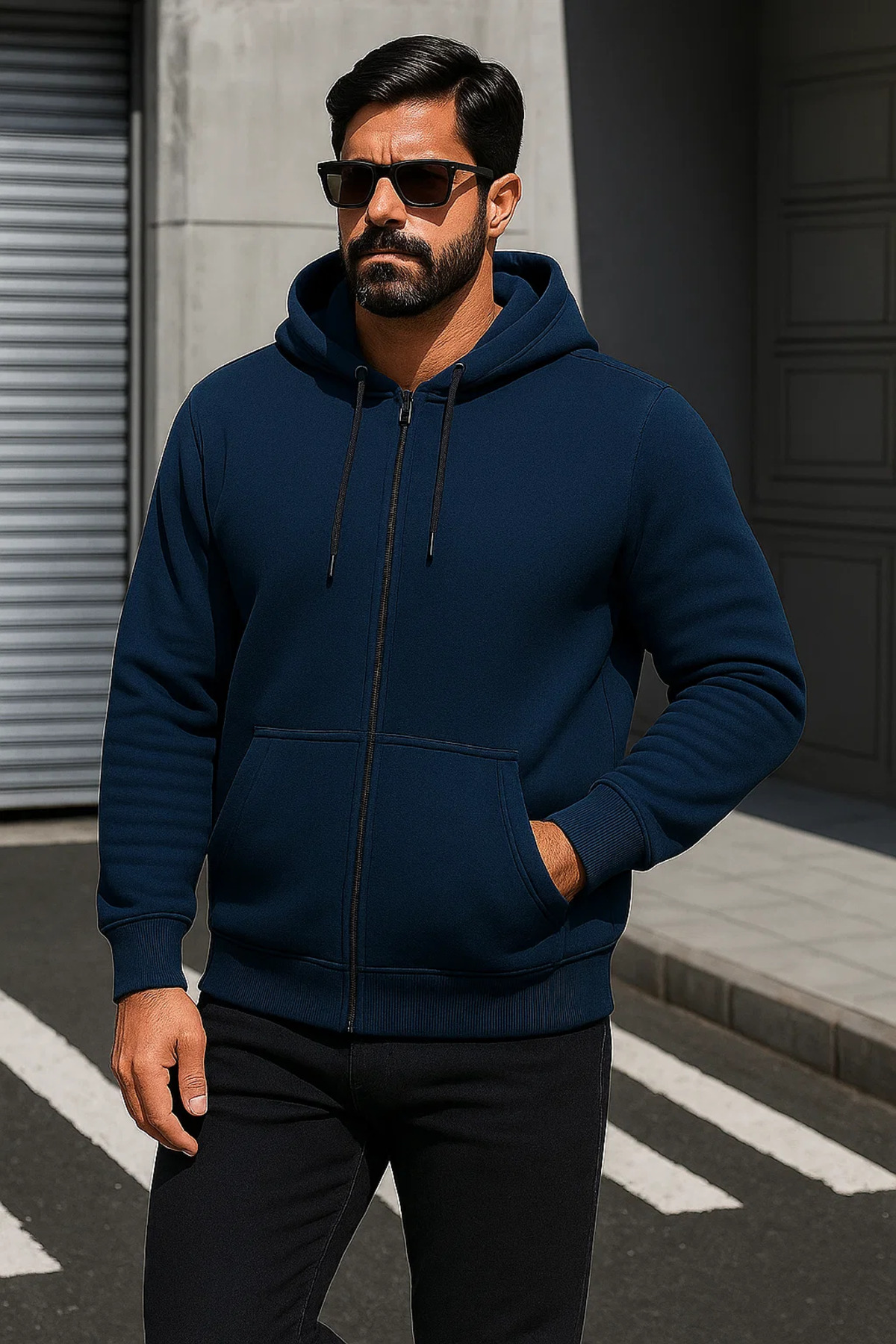 Erkek Trend Kışlık Koyu Mavi Oversize Sweatshirt 3