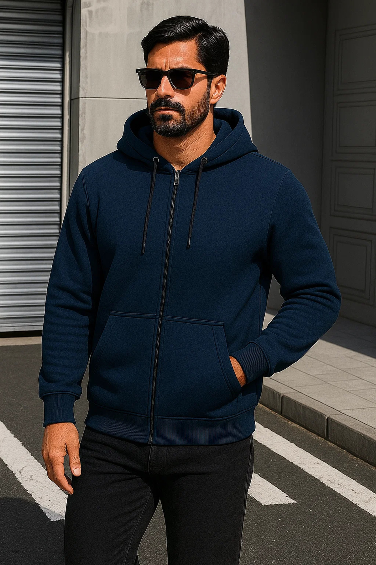 Erkek Trend Kışlık Koyu Mavi Oversize Sweatshirt 4