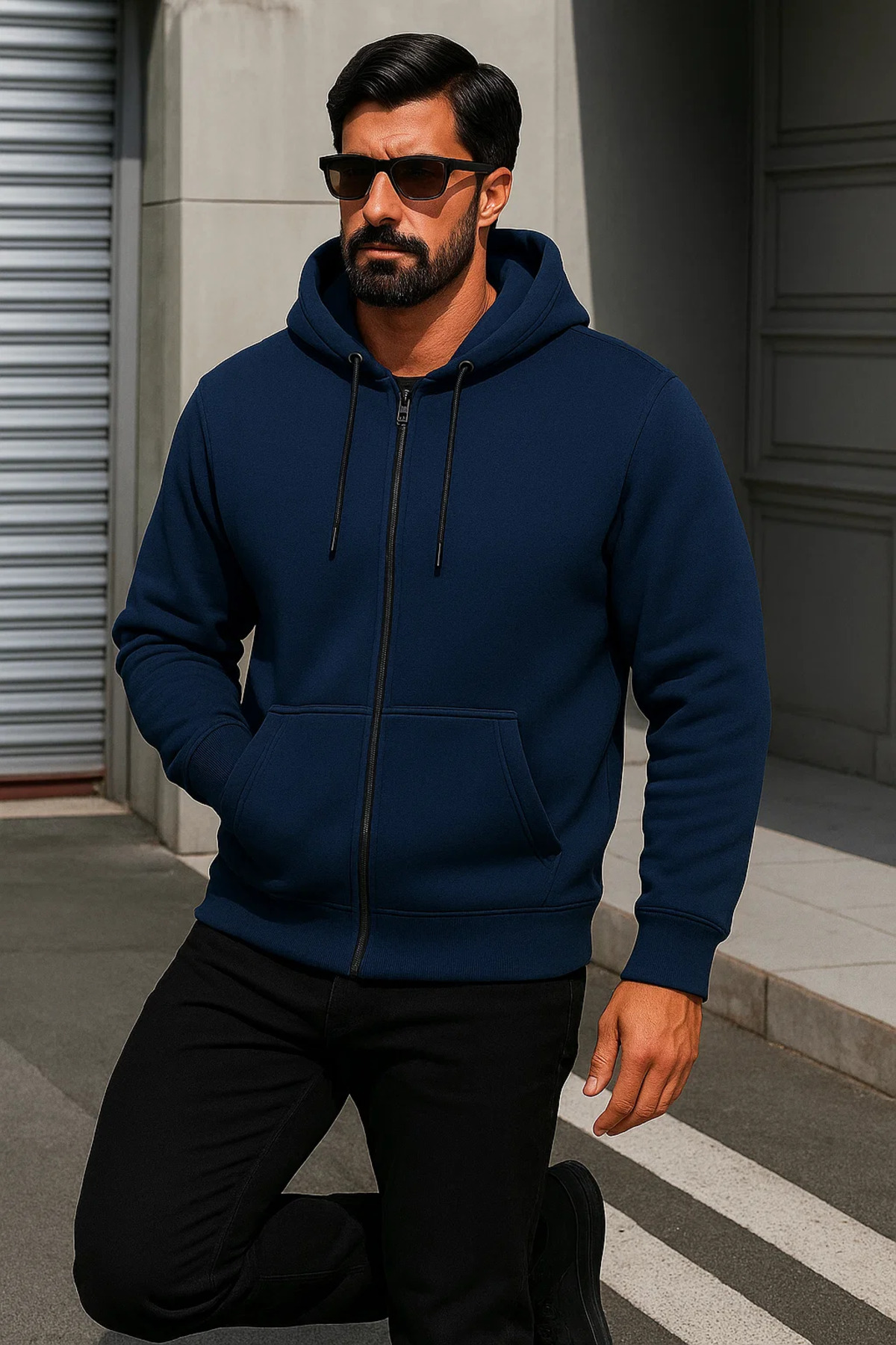 Erkek Trend Kışlık Mavi Oversize Sweatshirt 4