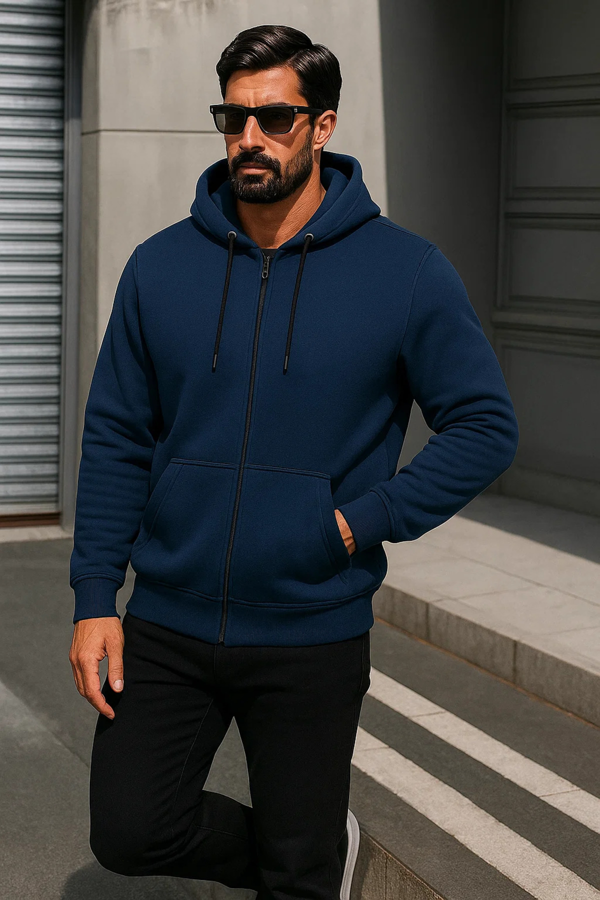 Erkek Trend Kışlık Mavi Oversize Sweatshirt 3