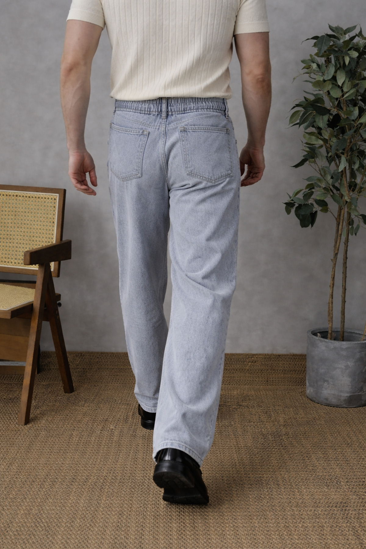 Erkek Beli Lastikli Gri Baggy Kot Pantolon 6