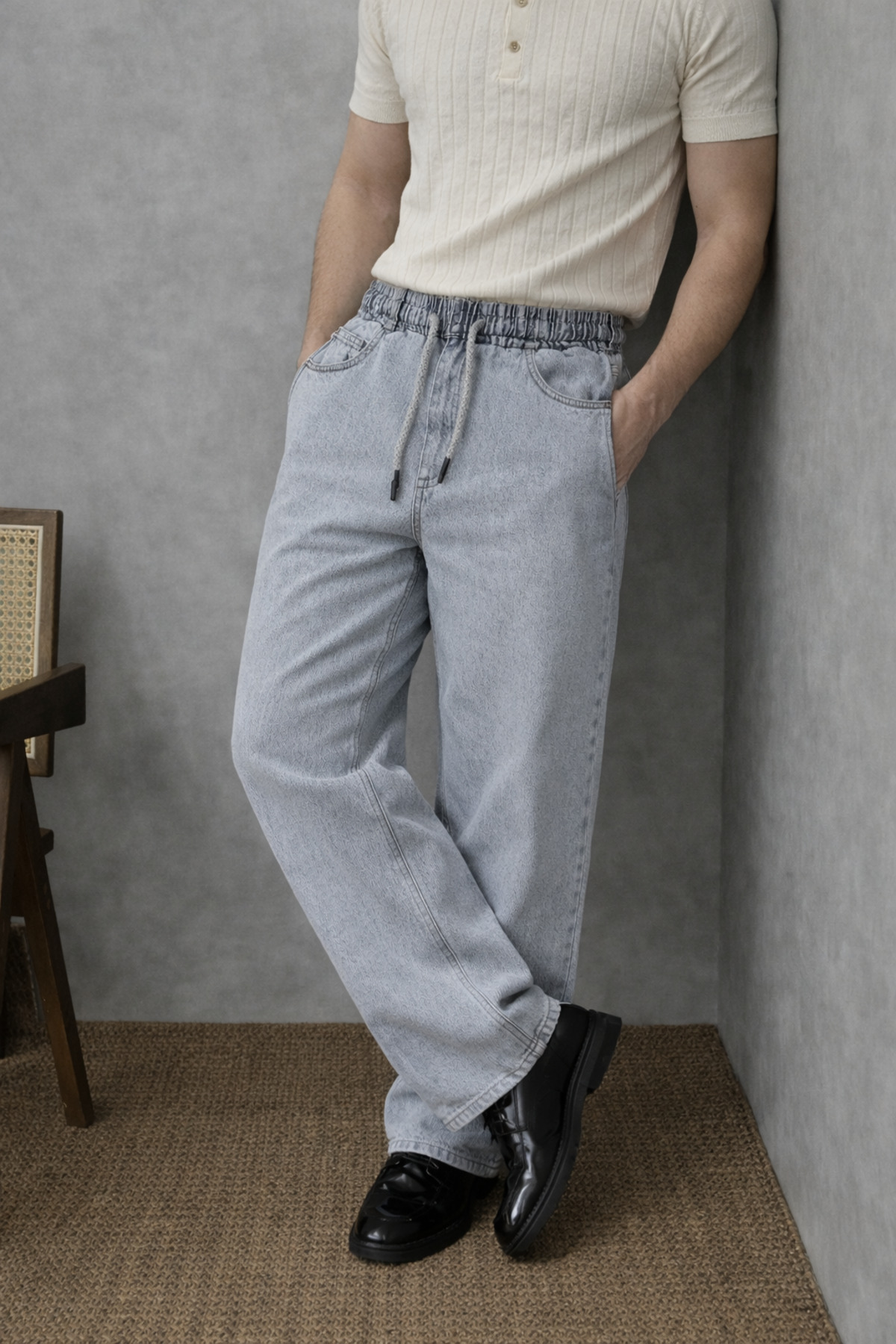 Erkek Beli Lastikli Gri Baggy Kot Pantolon 4