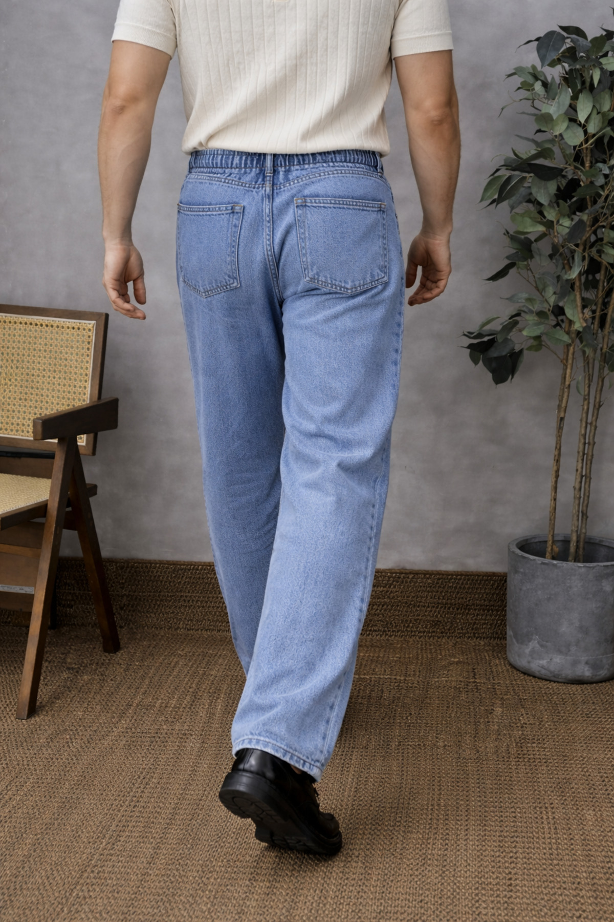 Erkek Beli Lastikli Mavi Baggy Kot Pantolon 6