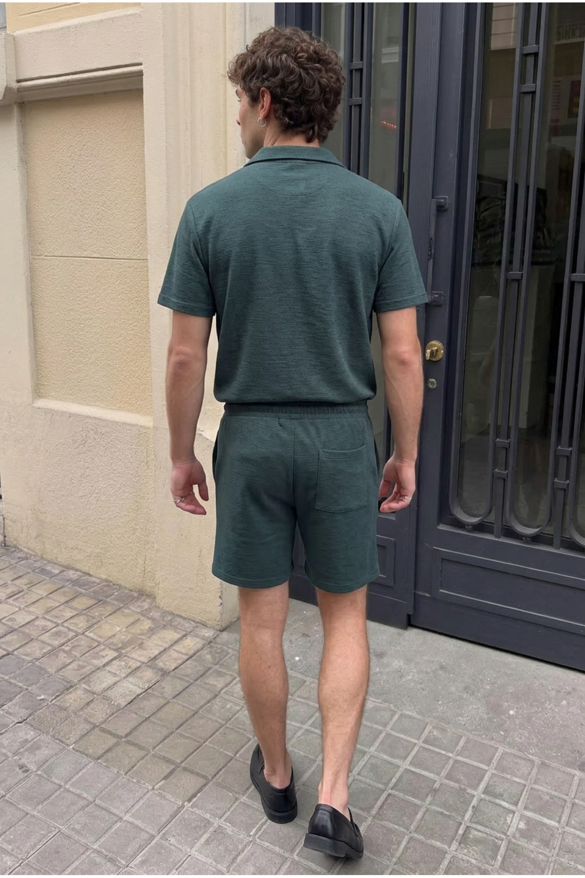 Erkek Keten Polo Yaka Gömlek Bağcıklı Yazlık Şort Haki İkili Takım 5