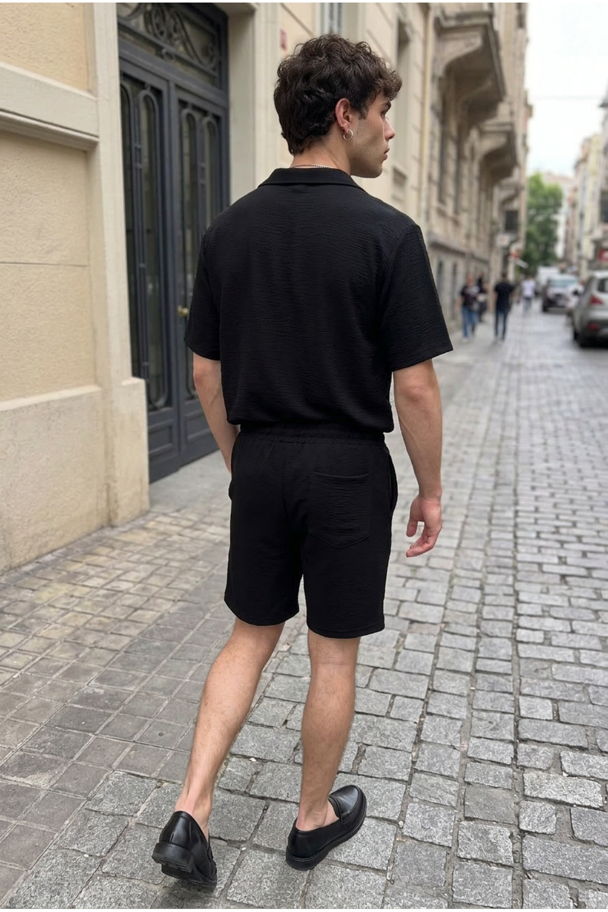 Erkek Keten Polo Yaka Gömlek Bağcıklı Yazlık Şort Siyah İkili Takım 5