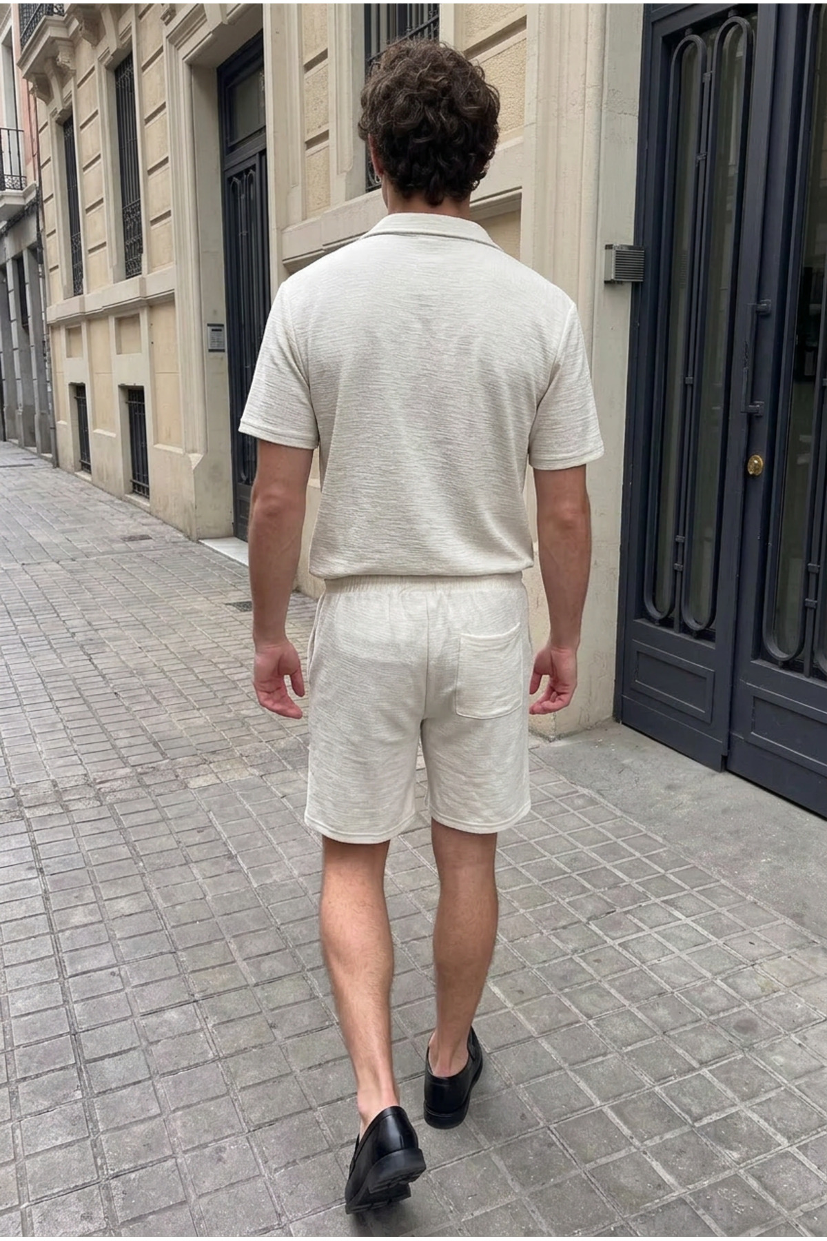 Erkek Keten Polo Yaka Gömlek Bağcıklı Yazlık Şort Krem İkili Takım 5