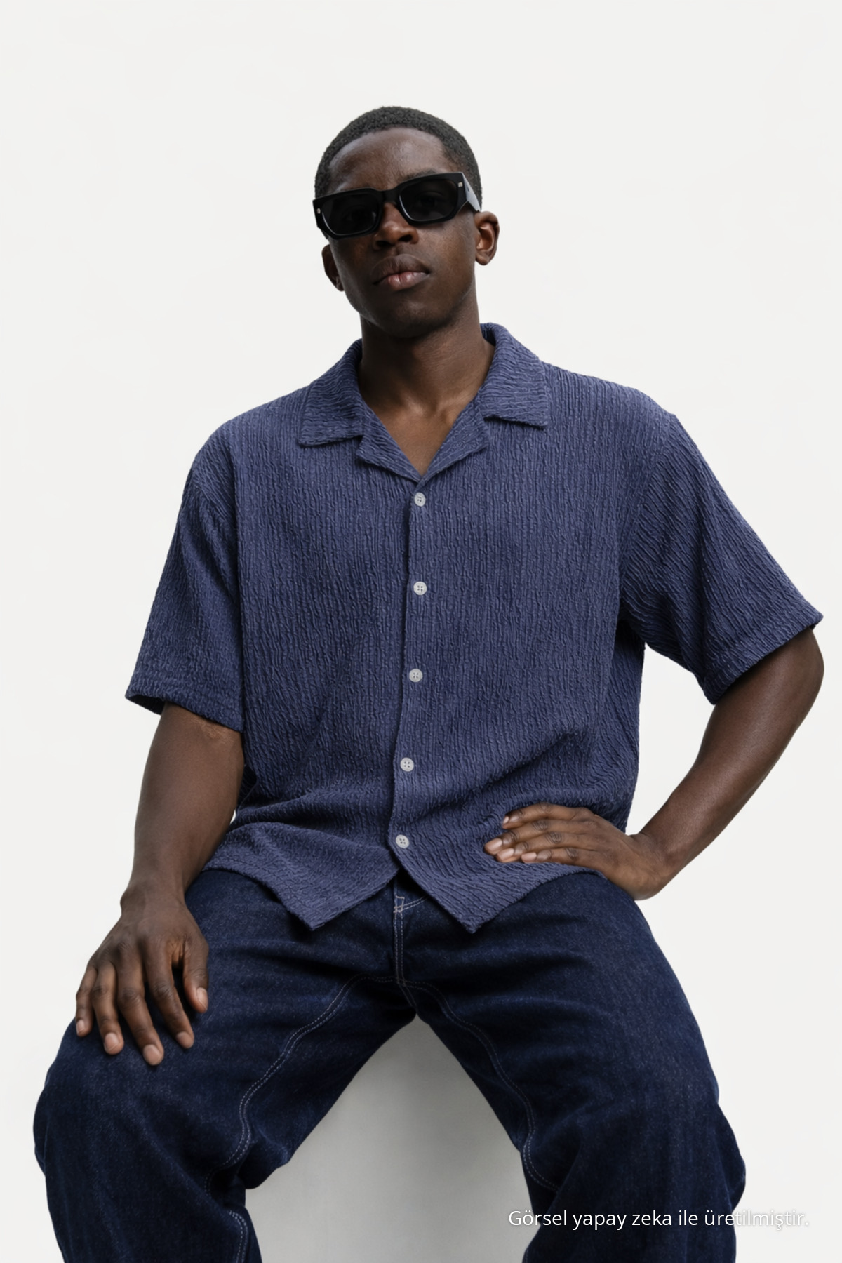 Erkek Yazlık Oversize Lacivert Keten Gömlek 5