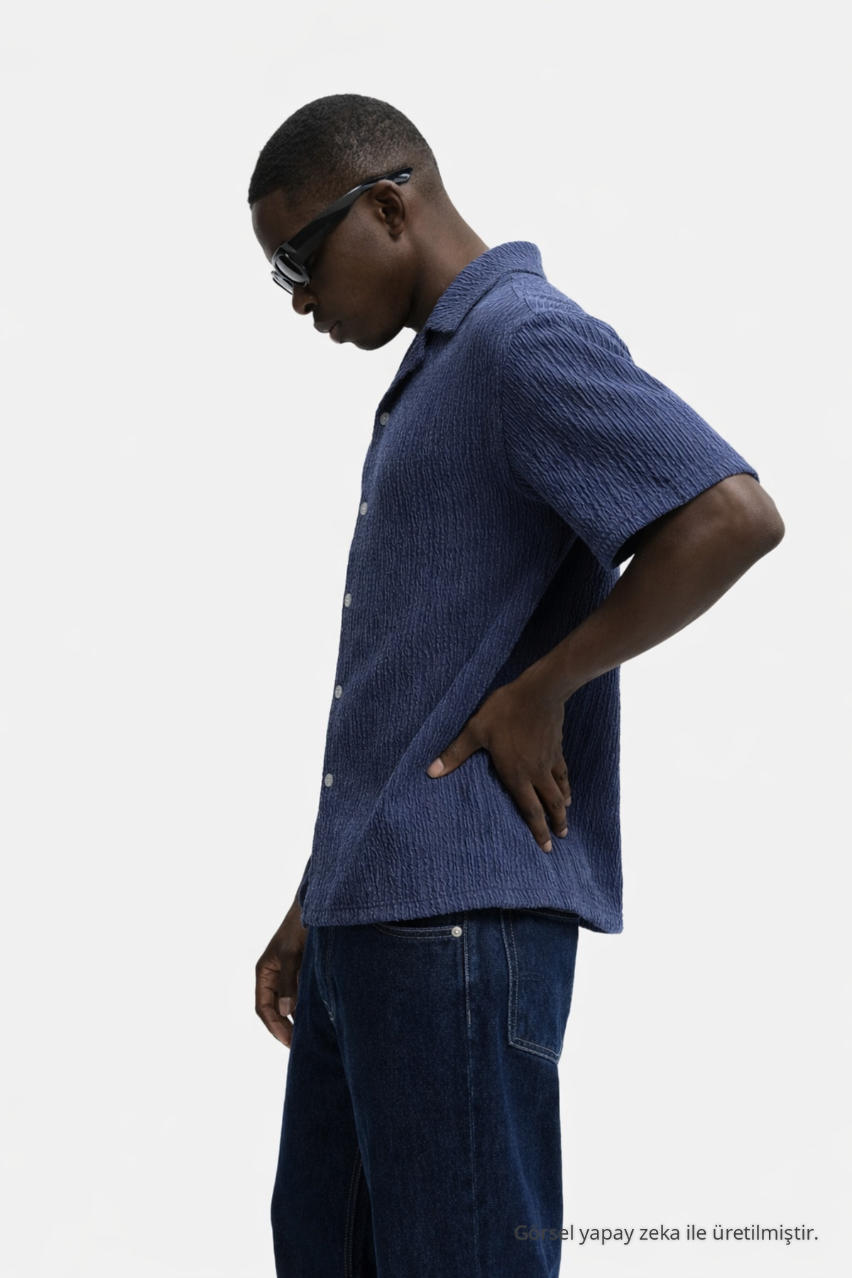Erkek Yazlık Oversize Lacivert Keten Gömlek 4