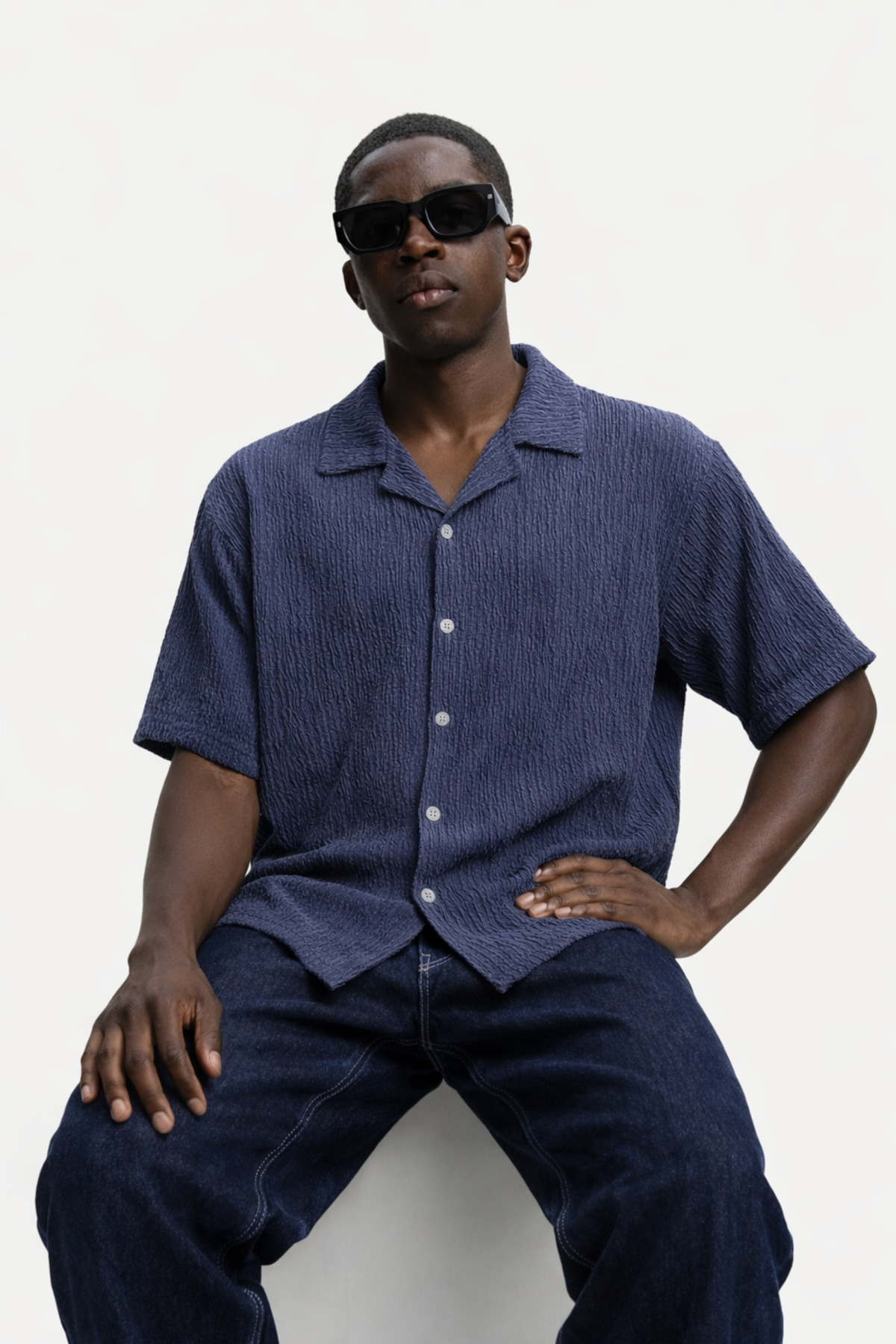 Erkek Yazlık Oversize Lacivert Keten Gömlek 5