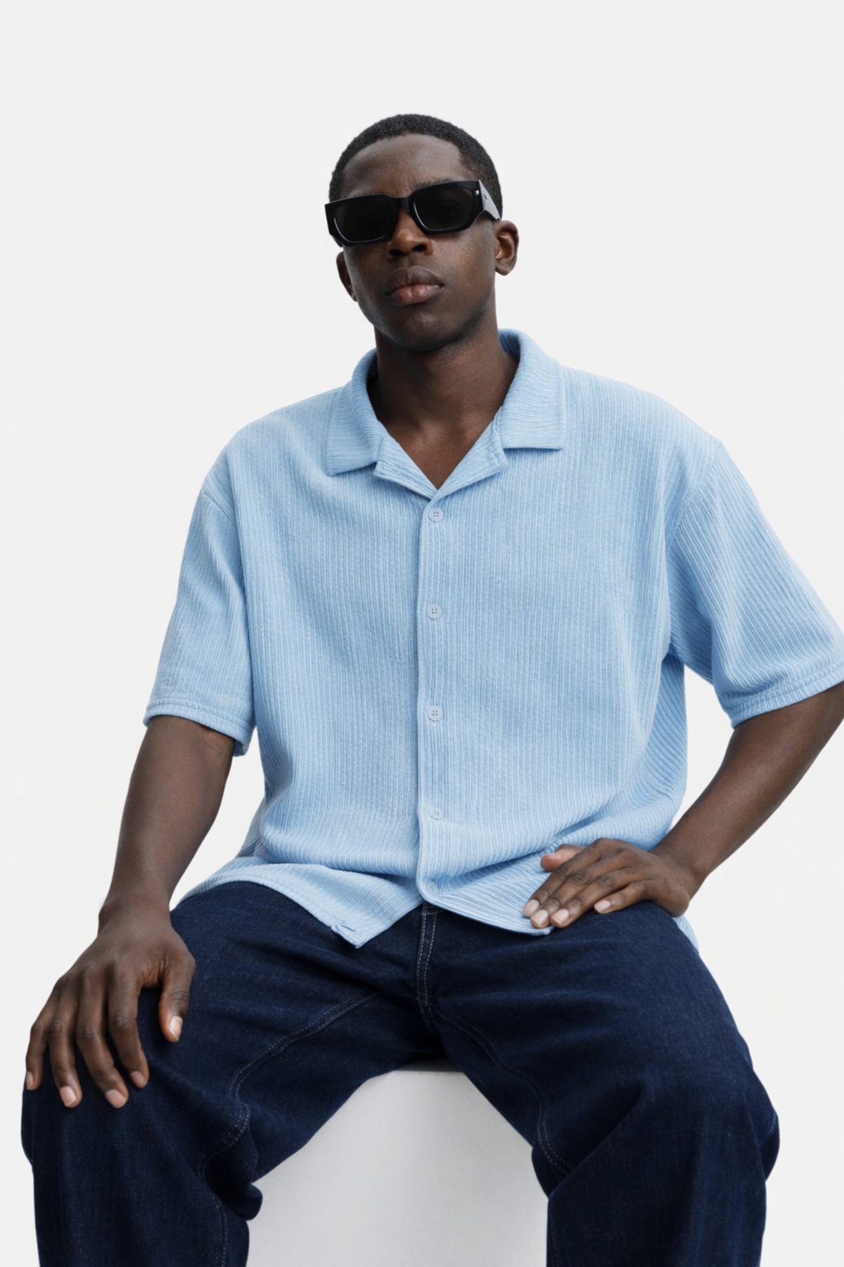 Erkek Yazlık Oversize Mavi Keten Gömlek 5