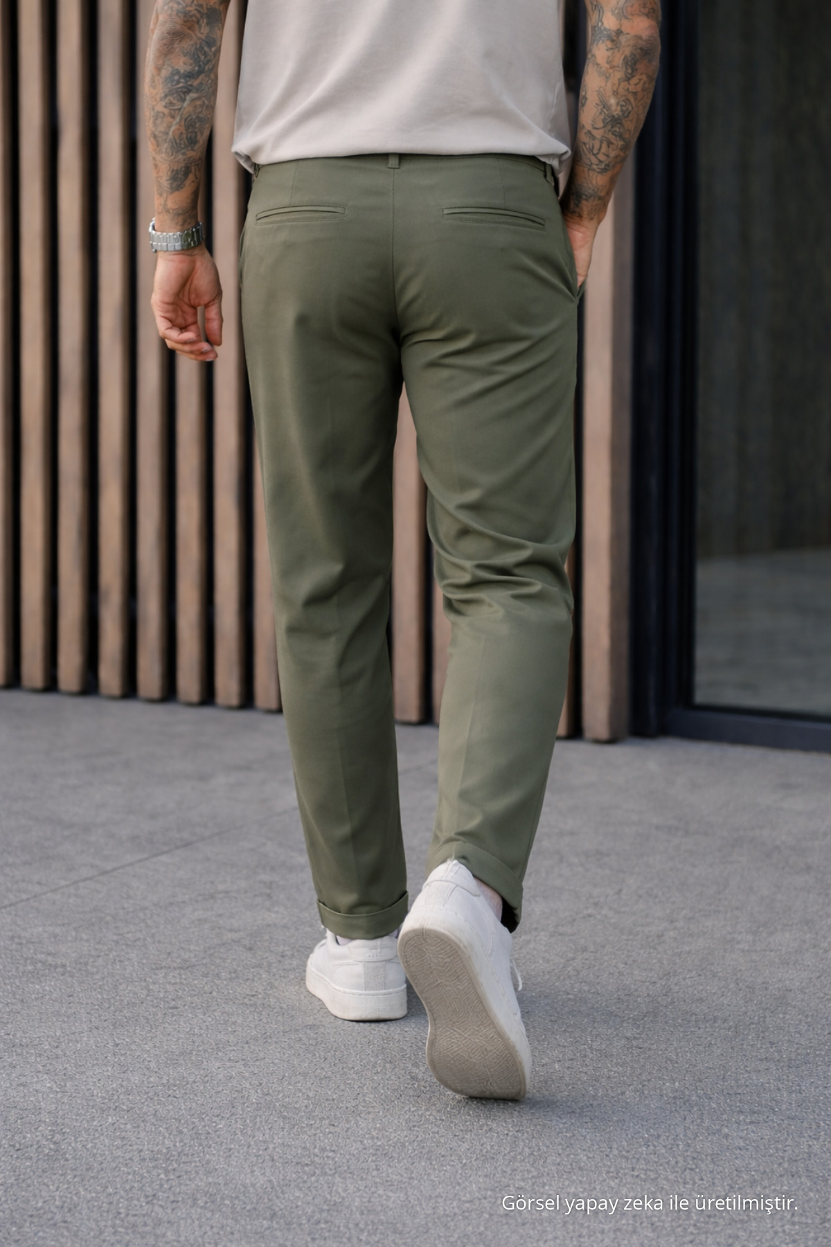 Erkek Relax Fit Yüksek Bel Pileli Haki Kumaş Pantolon 6