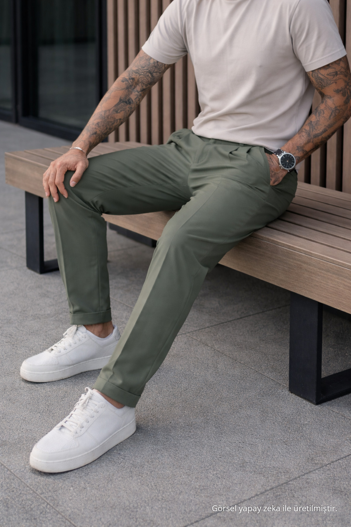 Erkek Relax Fit Yüksek Bel Pileli Haki Kumaş Pantolon 5