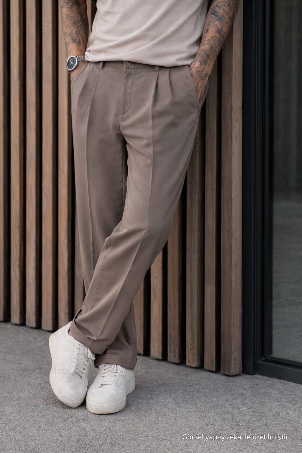 Erkek Relax Fit Yüksek Bel Pileli Kahverengi Kumaş Pantolon 4