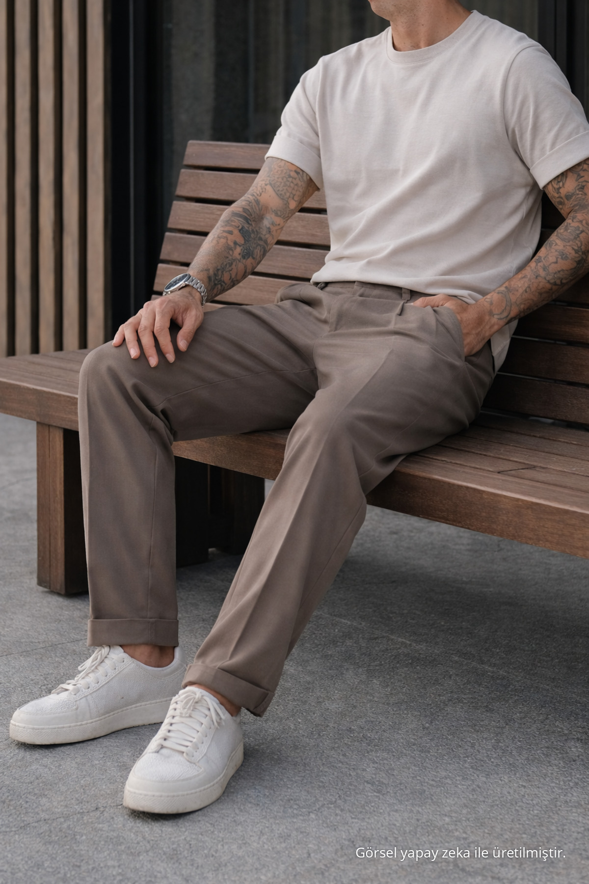 Erkek Relax Fit Yüksek Bel Pileli Kahverengi Kumaş Pantolon 5