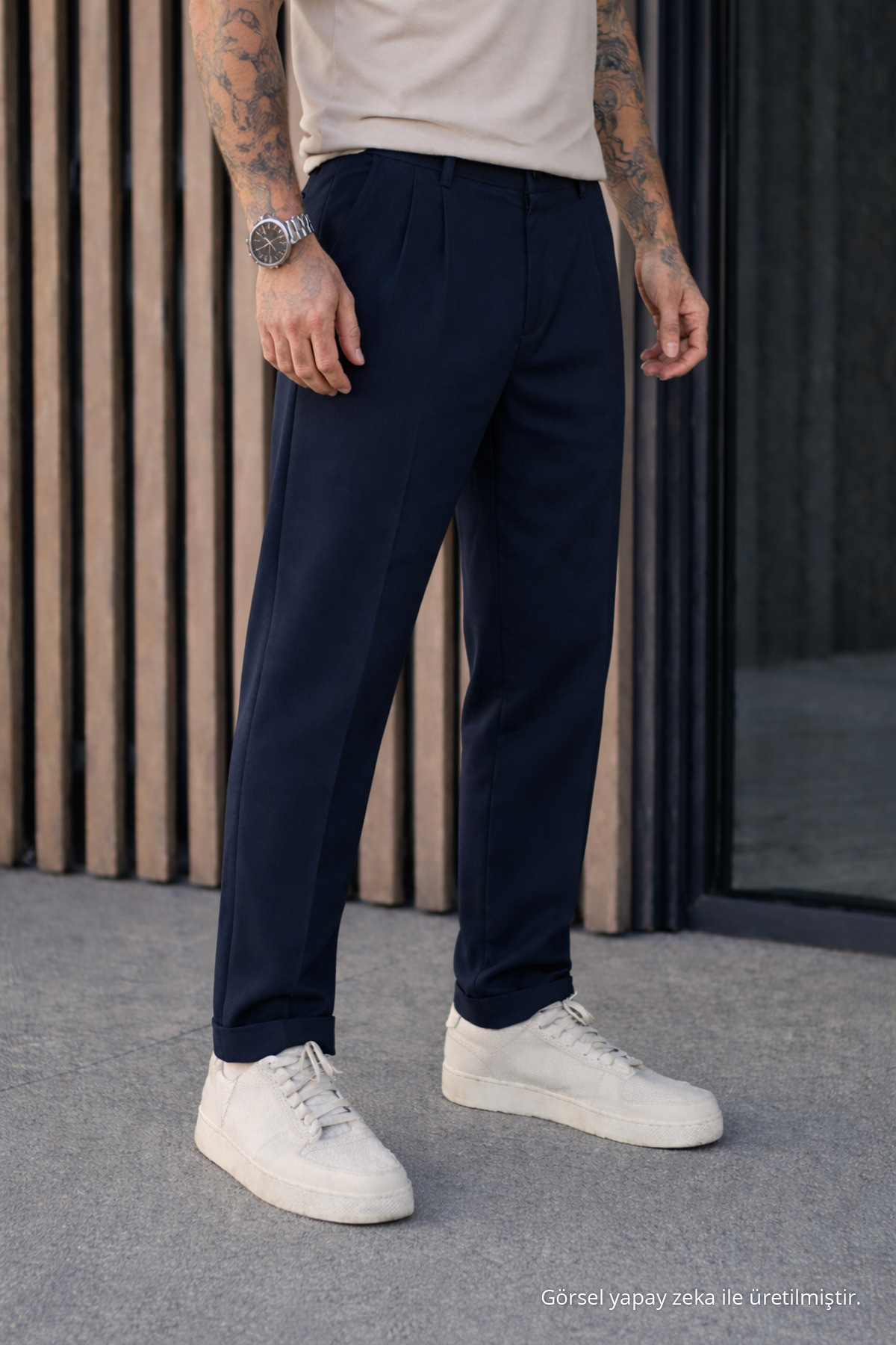 Erkek Relax Fit Yüksek Bel Pileli Lacivert Kumaş Pantolon 4