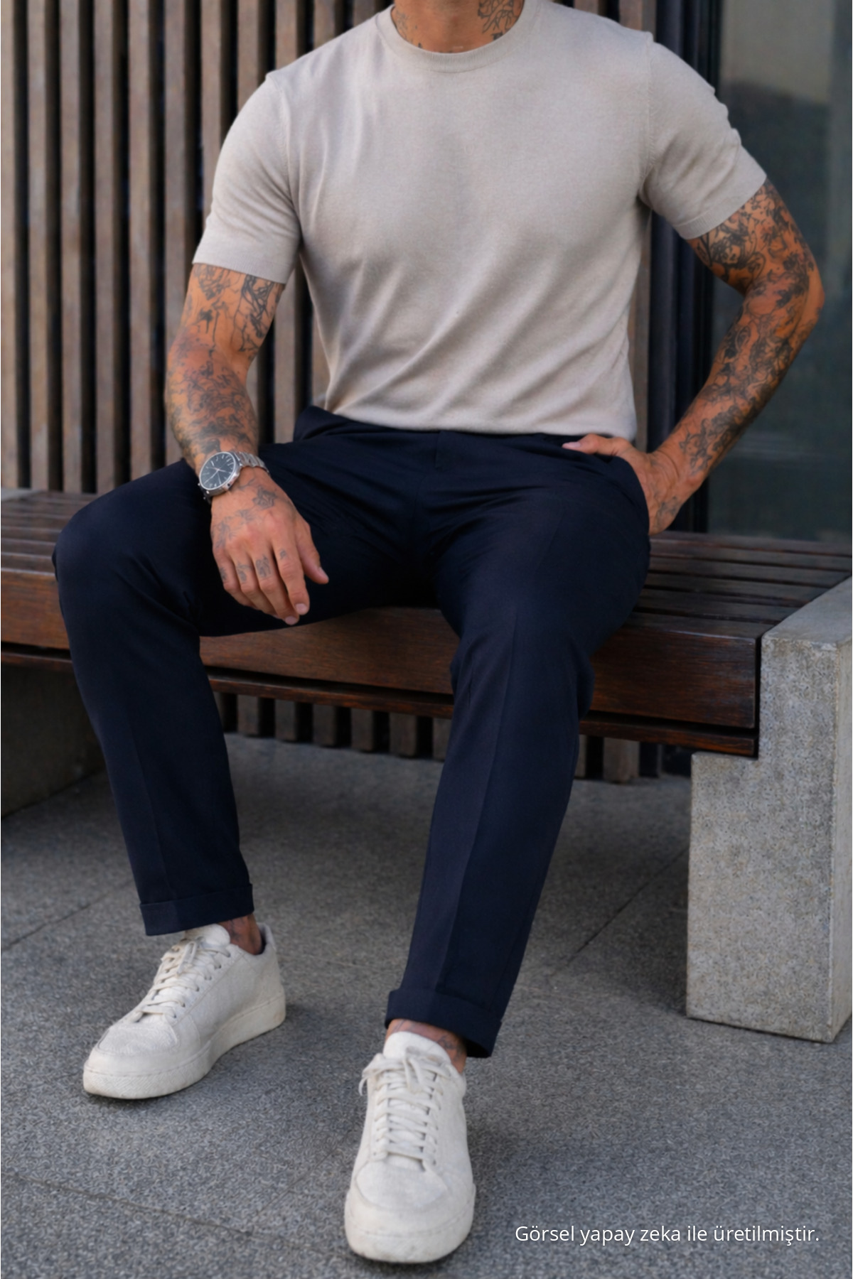 Erkek Relax Fit Yüksek Bel Pileli Lacivert Kumaş Pantolon 5