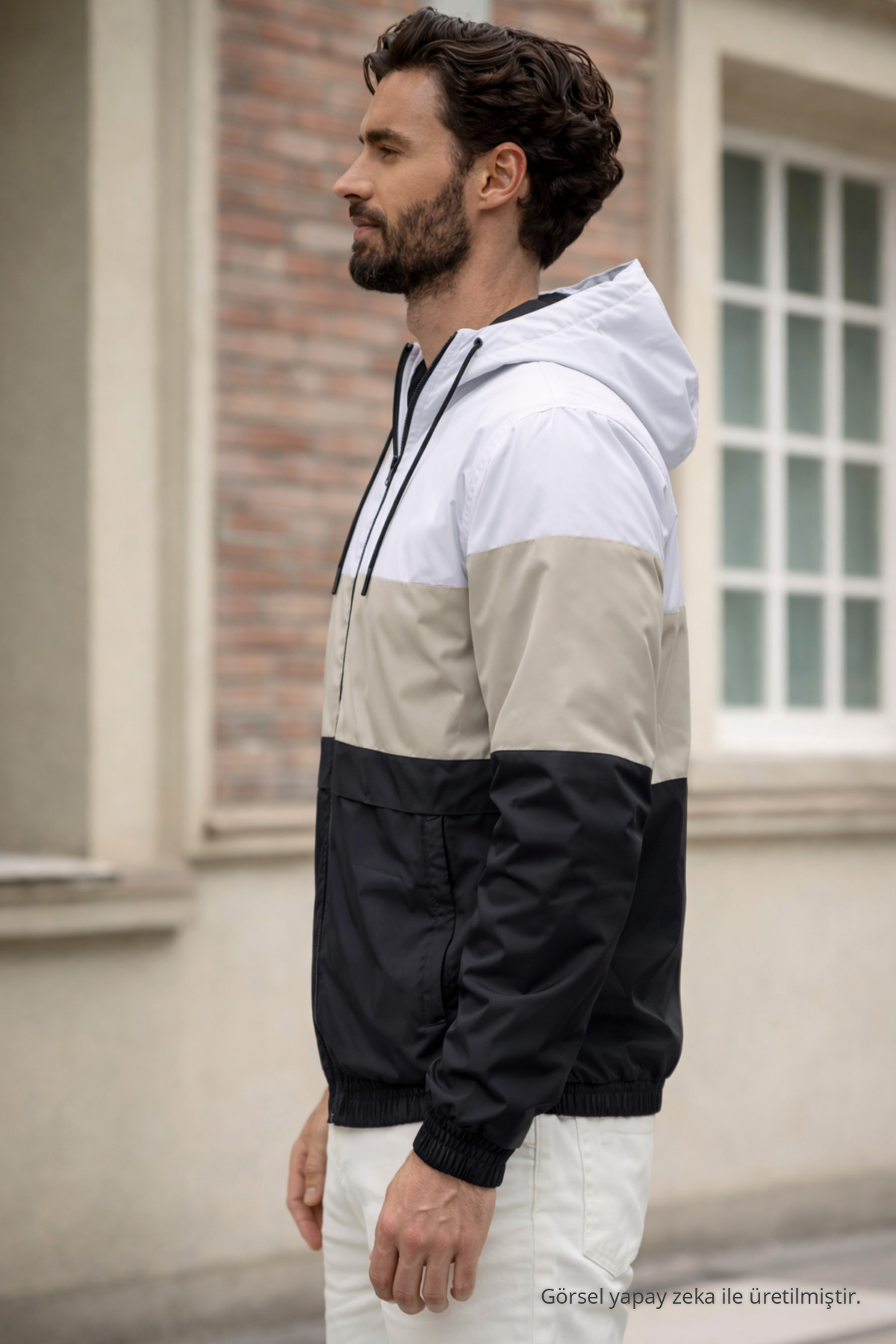 Erkek Comfort Fit Desenli Salaş Bej Yağmurluk & Rüzgarlık 3
