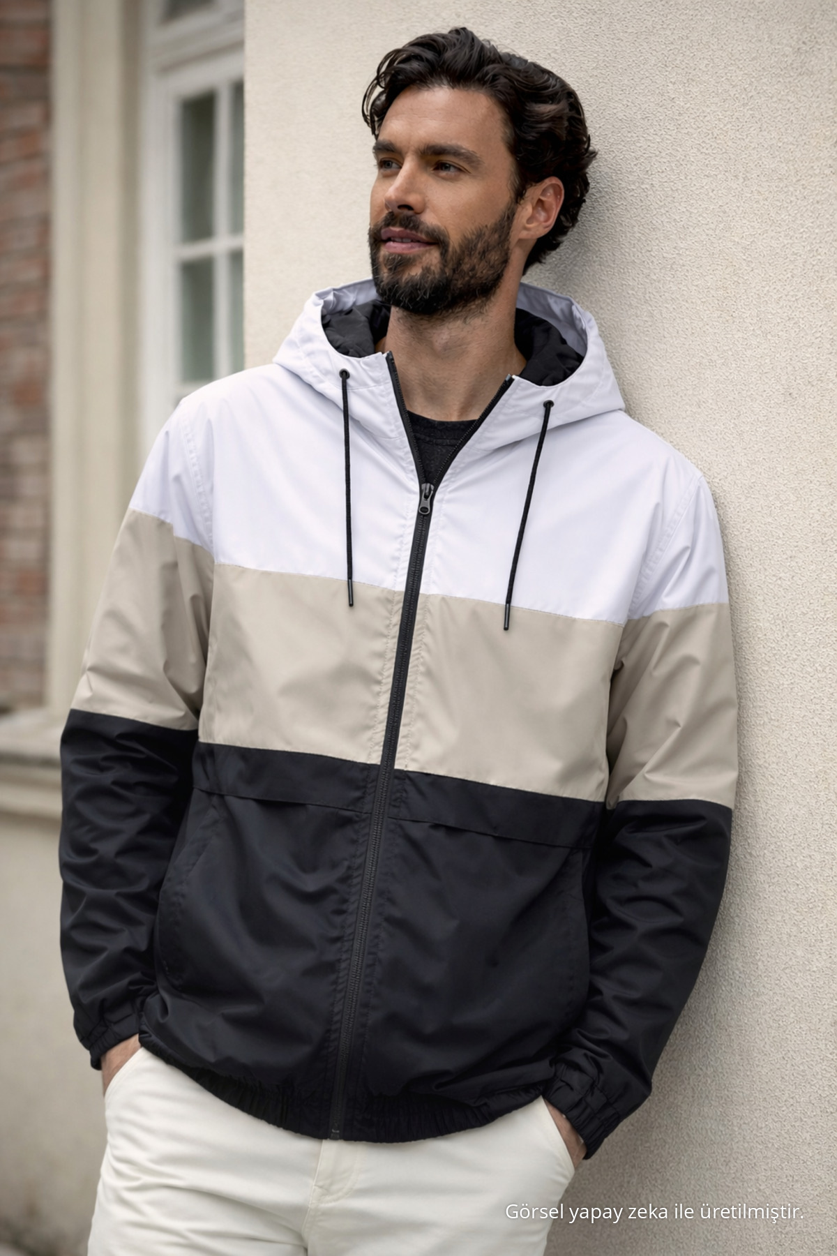 Erkek Comfort Fit Desenli Salaş Bej Yağmurluk & Rüzgarlık 4