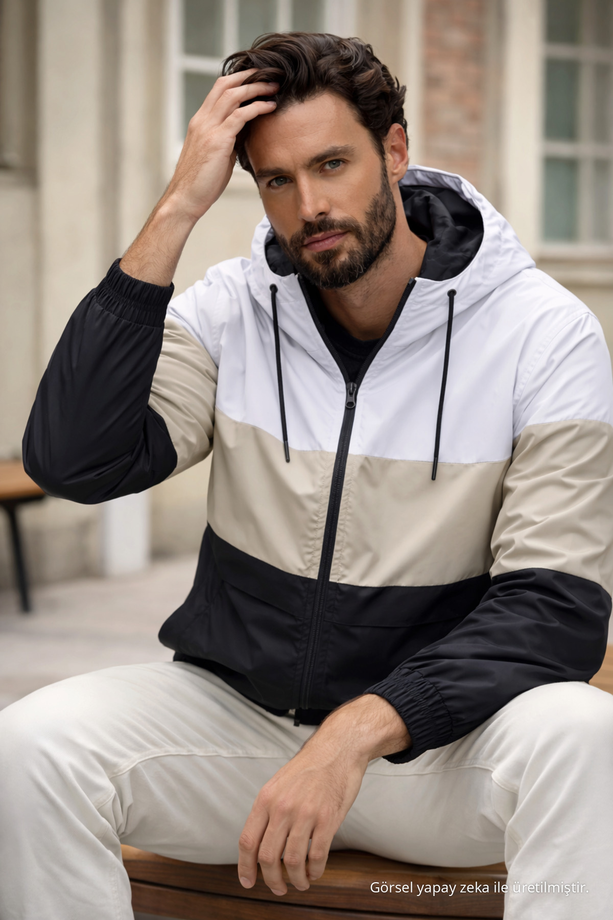 Erkek Comfort Fit Desenli Salaş Bej Yağmurluk & Rüzgarlık 5