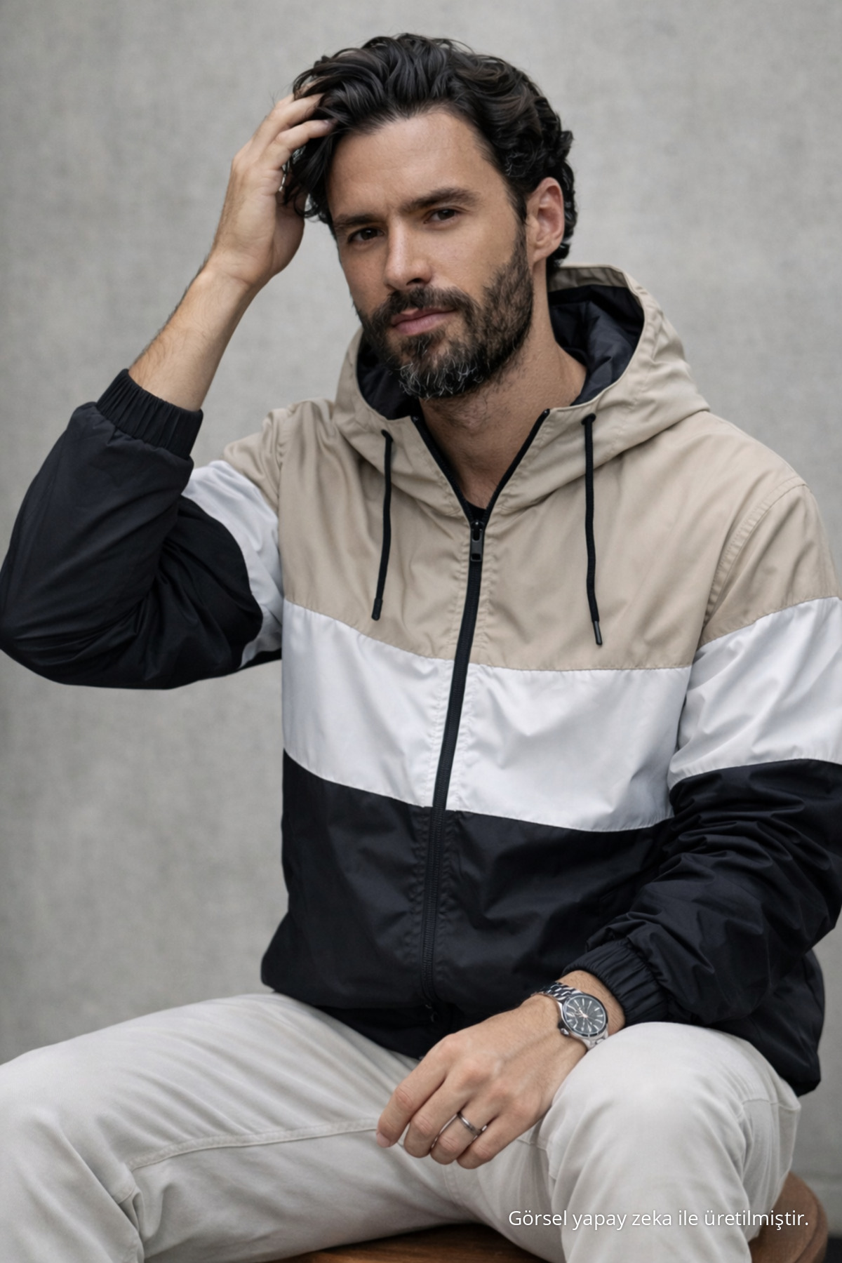 Erkek Comfort Fit Desenli Salaş Beyaz Yağmurluk & Rüzgarlık 5