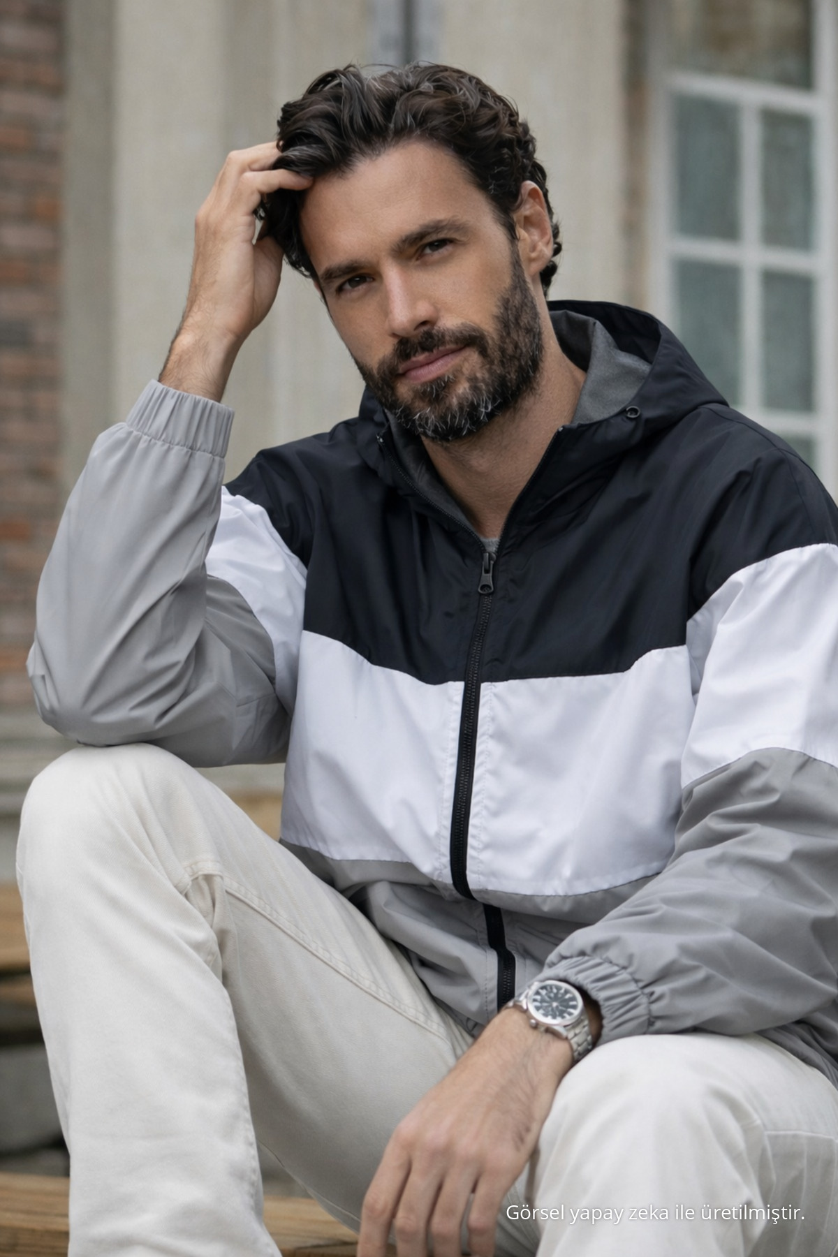 Erkek Comfort Fit Desenli Salaş Gri Yağmurluk & Rüzgarlık 5