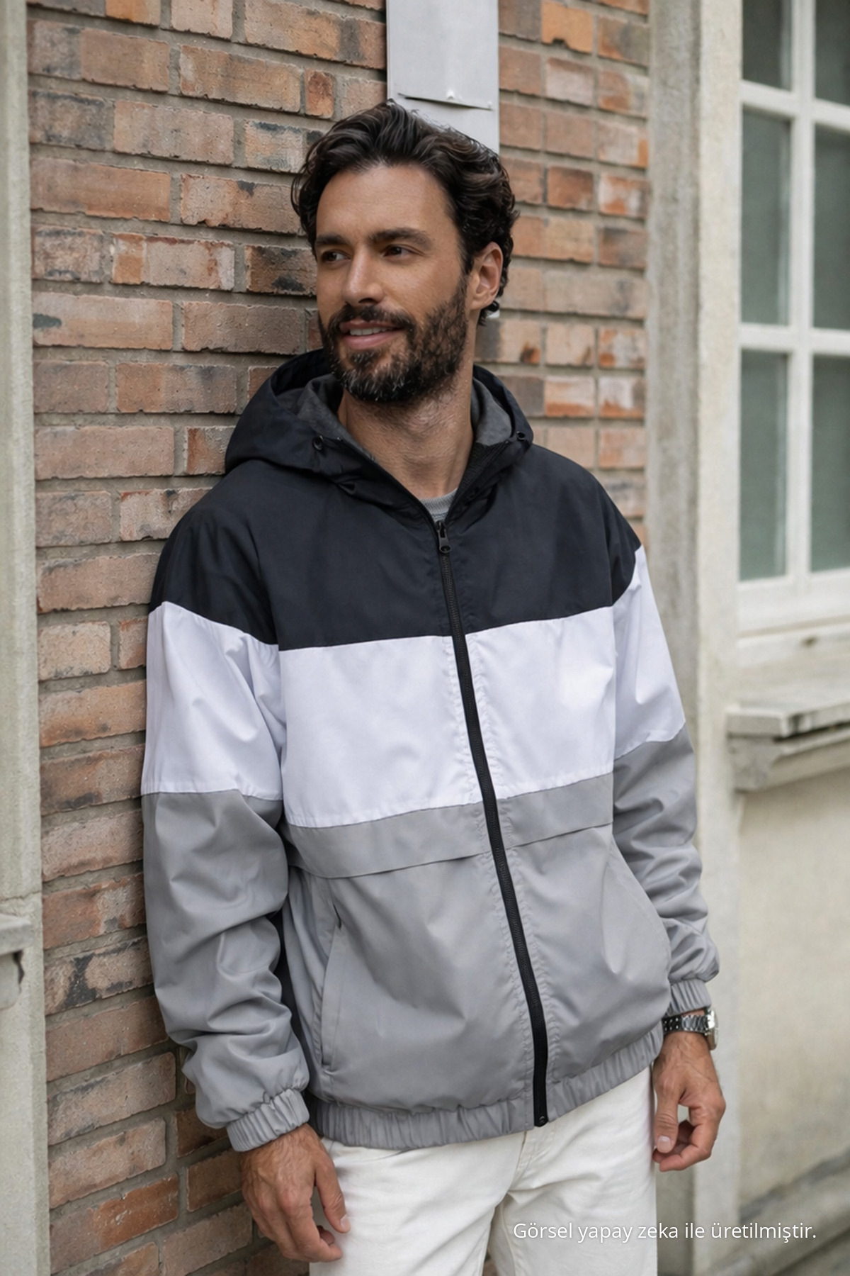 Erkek Comfort Fit Desenli Salaş Gri Yağmurluk & Rüzgarlık 4