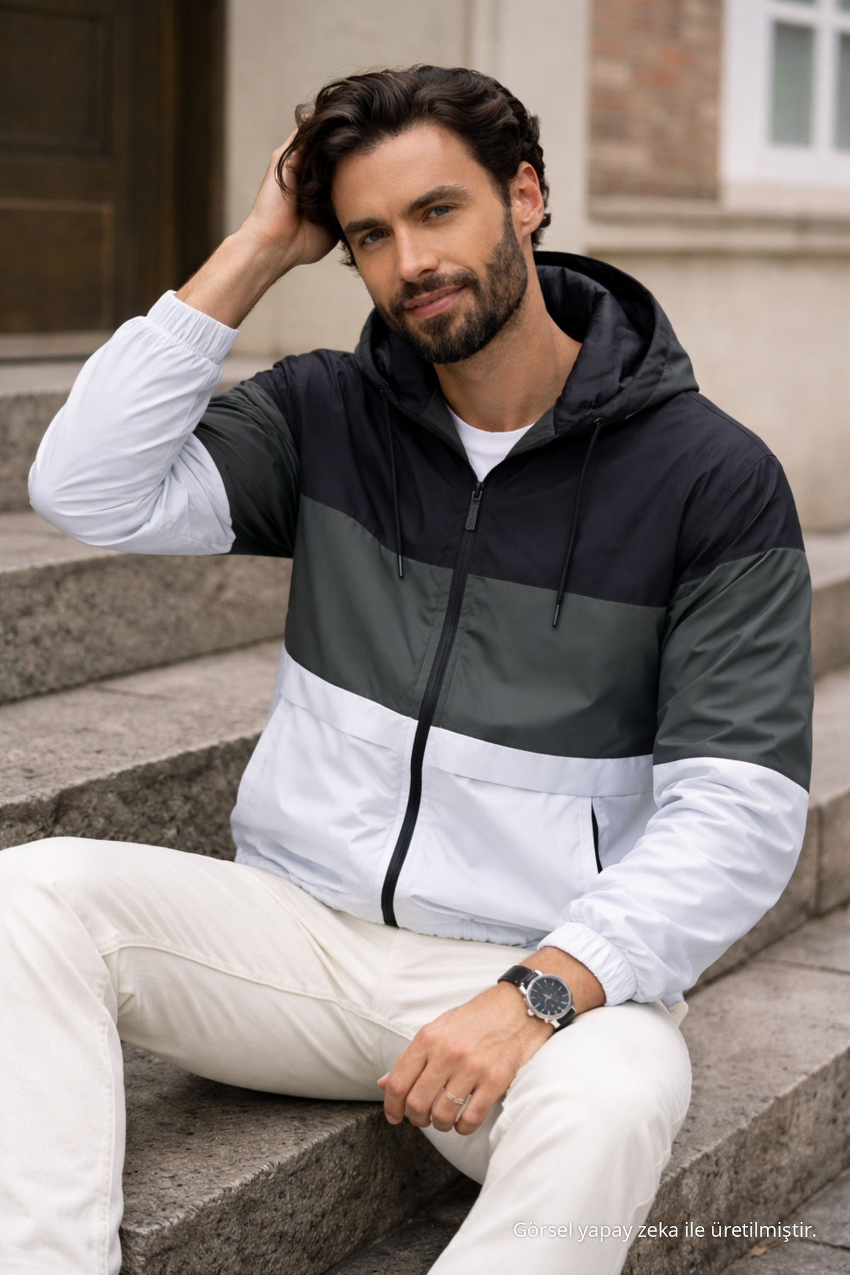 Erkek Comfort Fit Desenli Salaş Haki Yağmurluk & Rüzgarlık 5