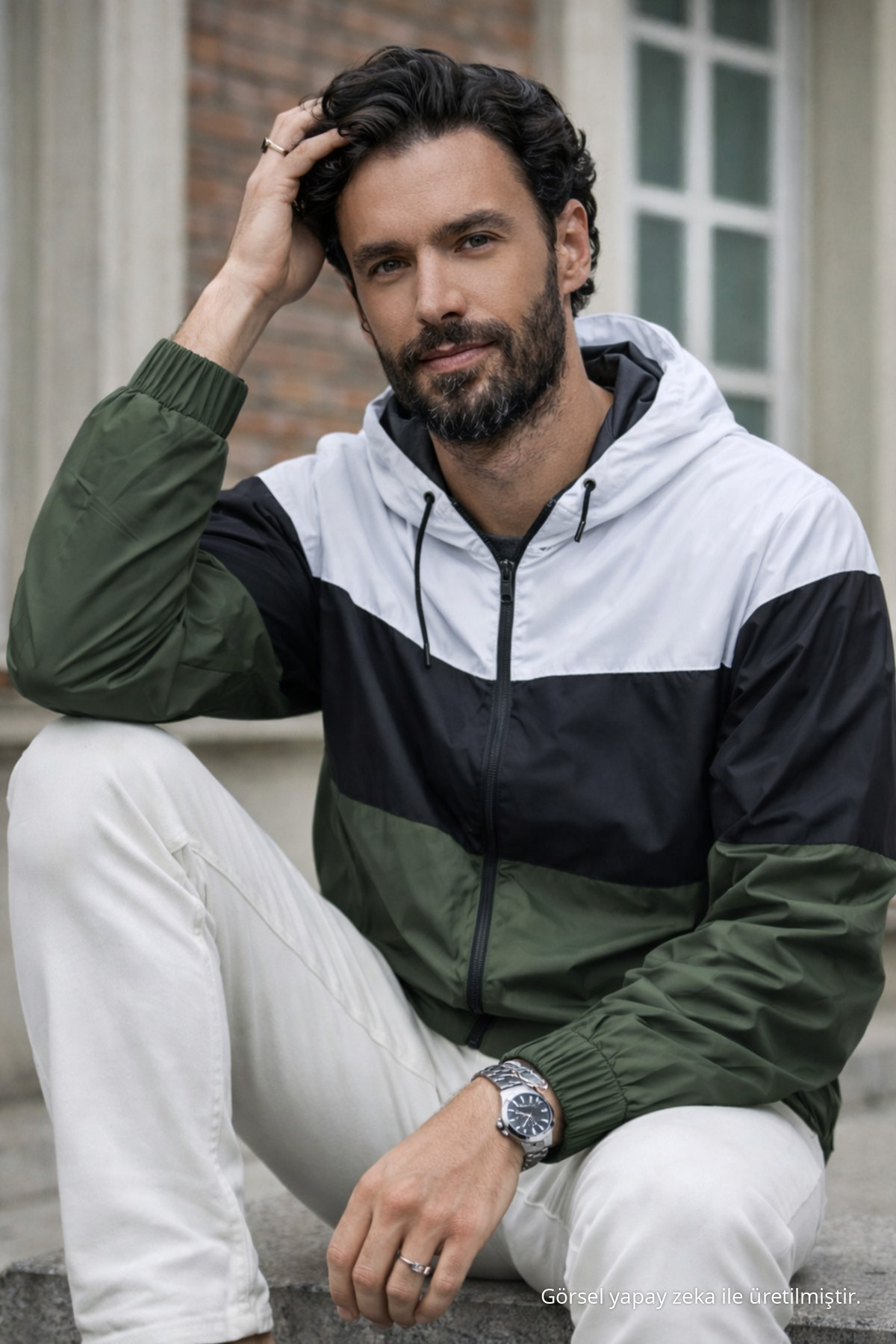 Erkek Comfort Fit Desenli Salaş Siyah Yağmurluk & Rüzgarlık 5