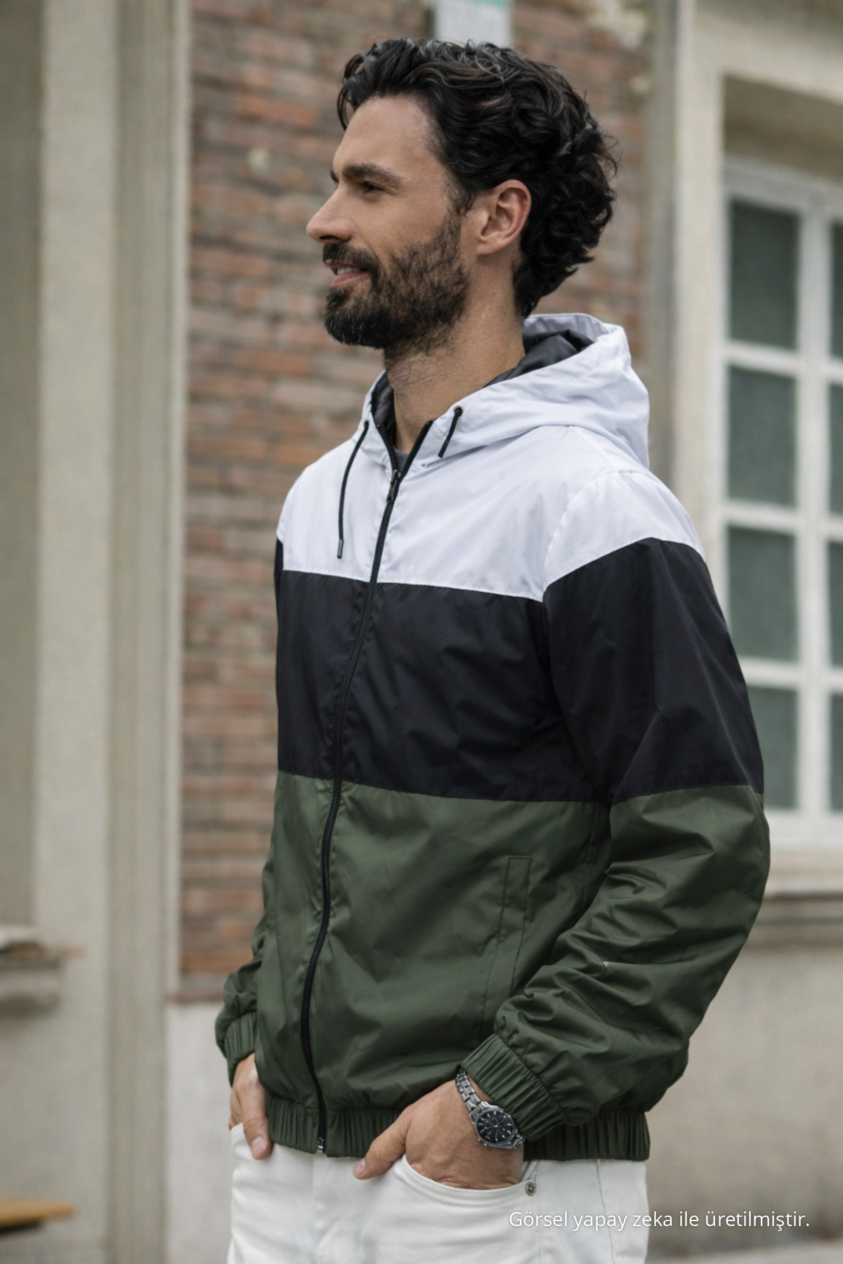 Erkek Comfort Fit Desenli Salaş Siyah Yağmurluk & Rüzgarlık 3