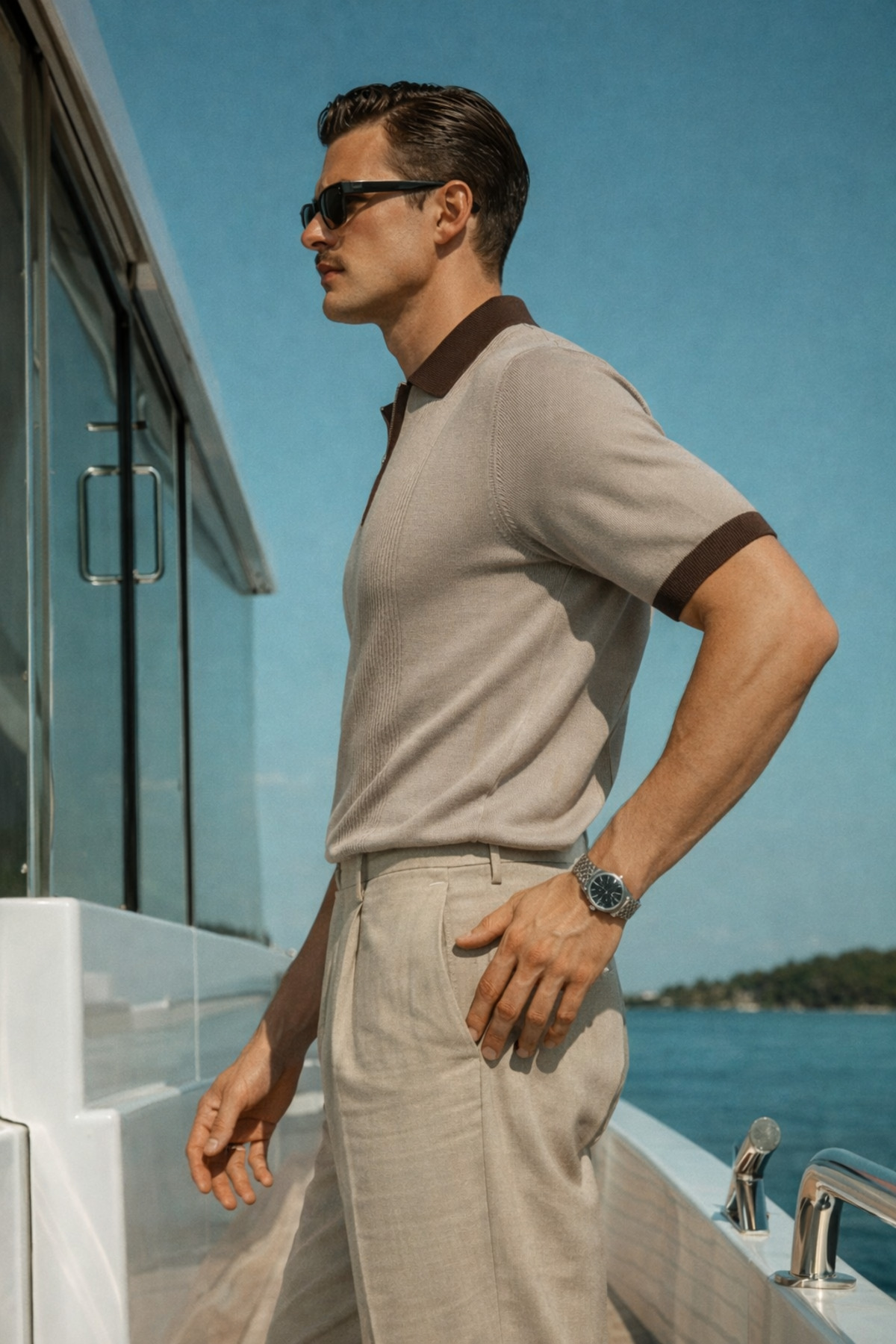 Erkek Çizgili Premium Comfort Krem Polo Yaka Tişört 4