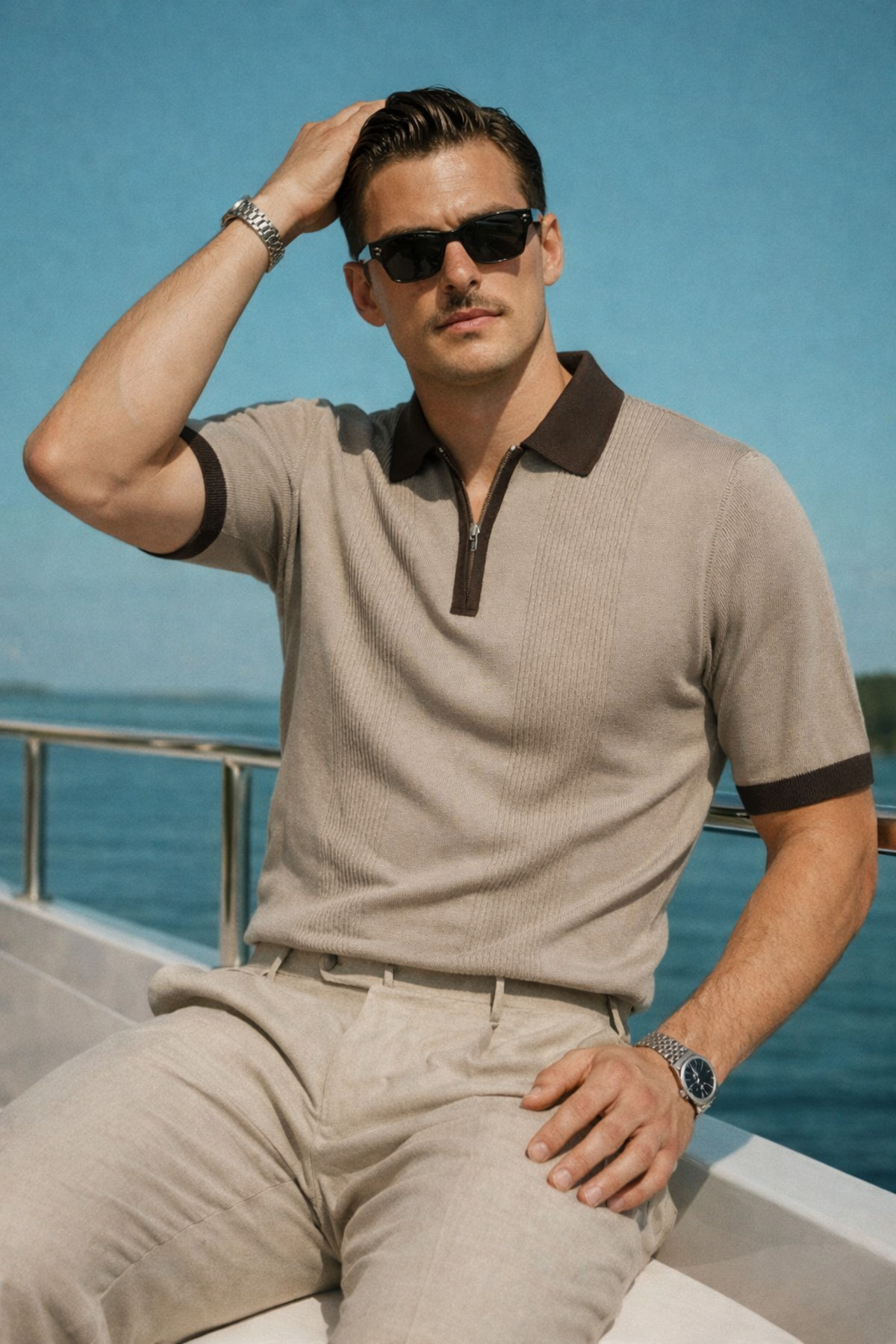 Erkek Çizgili Premium Comfort Krem Polo Yaka Tişört 5