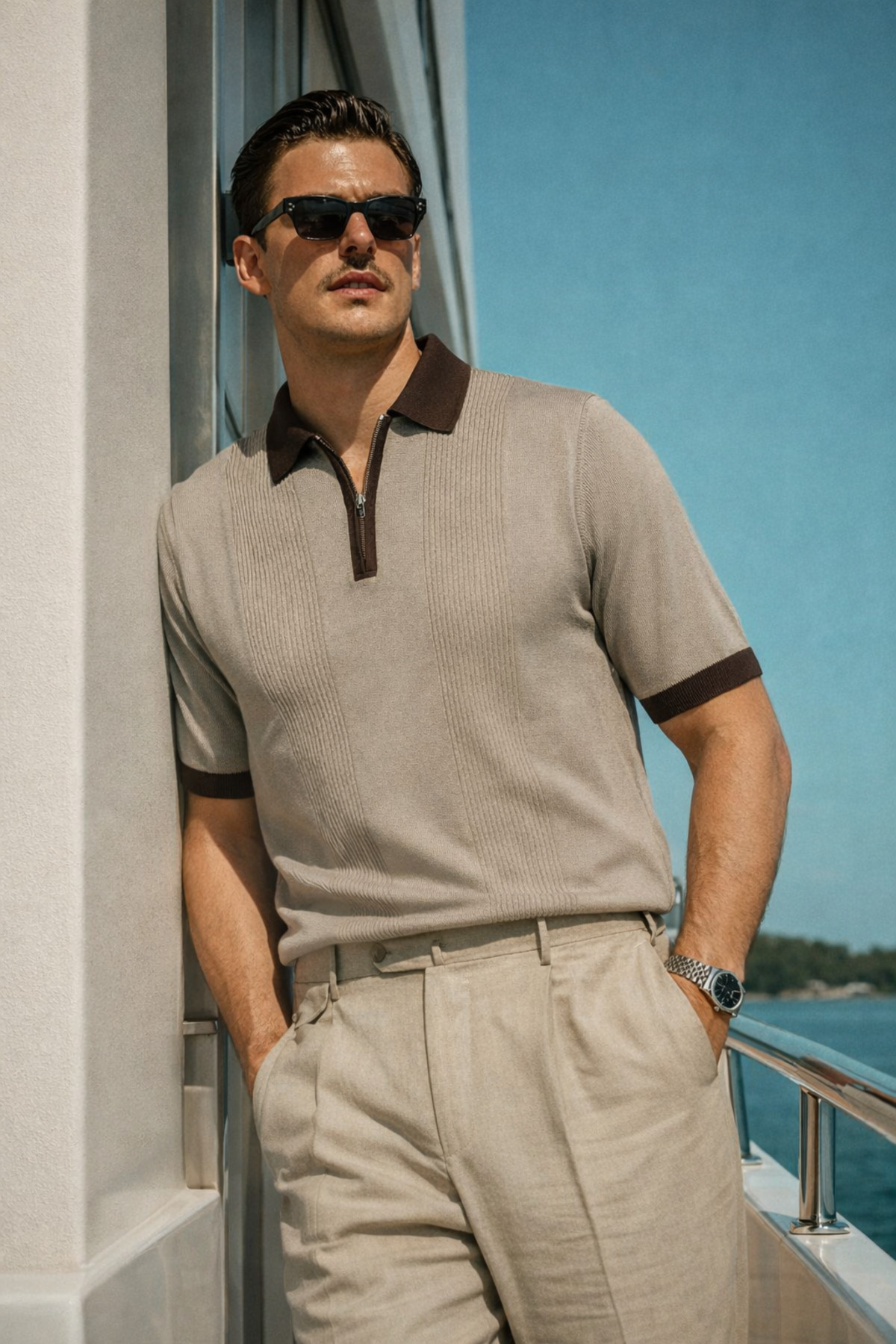 Erkek Çizgili Premium Comfort Krem Polo Yaka Tişört 3