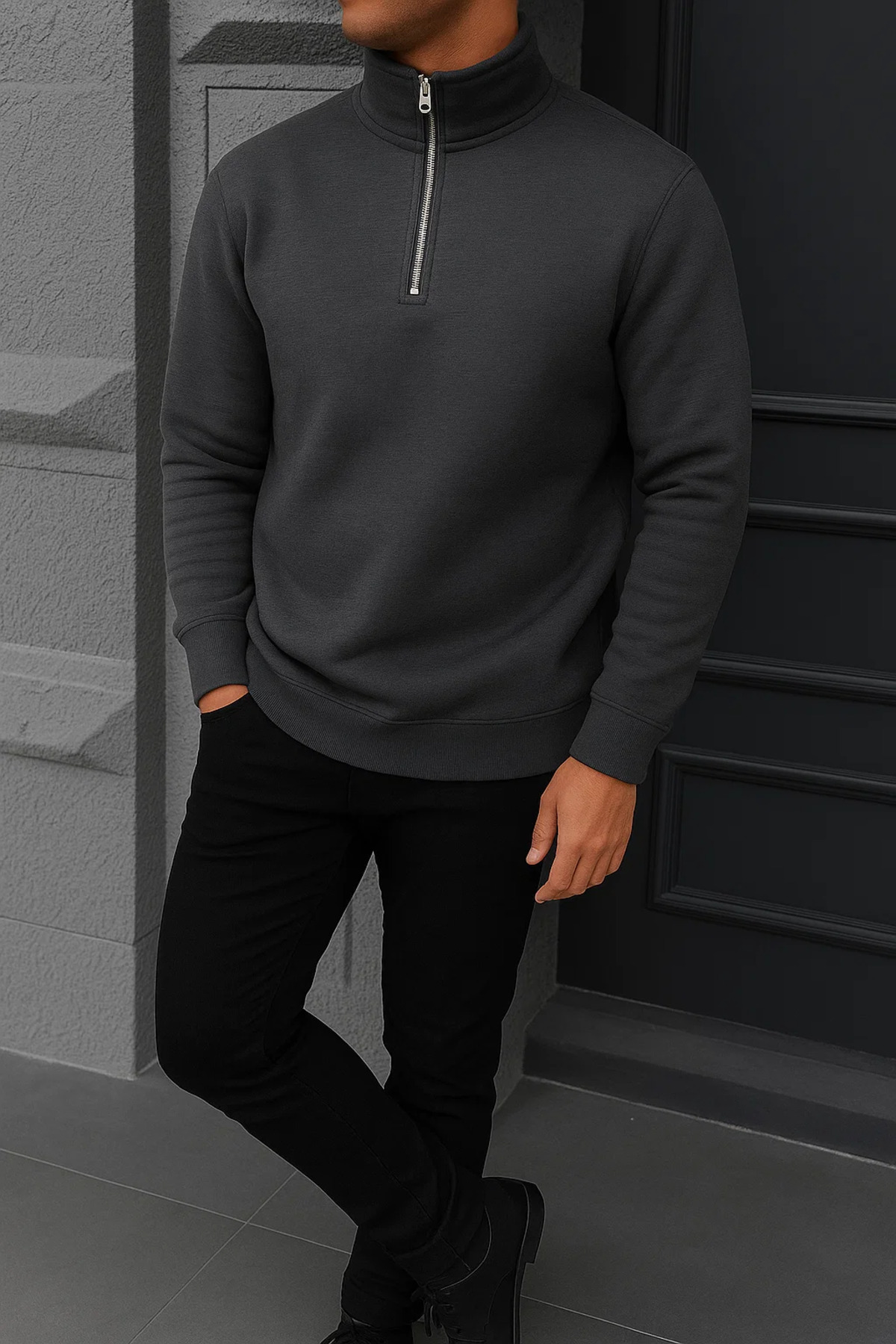 Erkek Kışlık Basic Antrasit Fermuarlı Sweatshirt 4