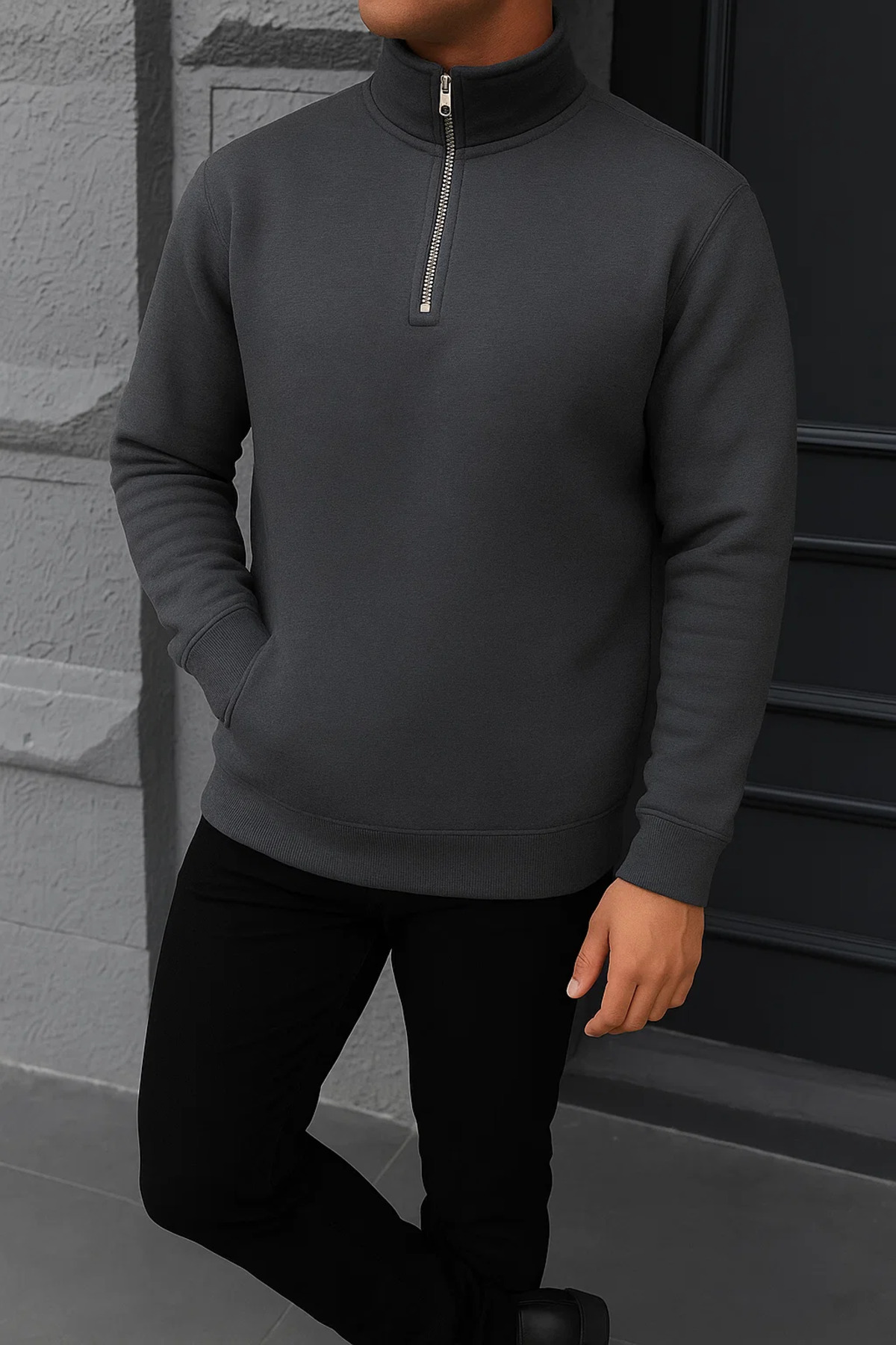 Erkek Kışlık Basic Antrasit Fermuarlı Sweatshirt 3