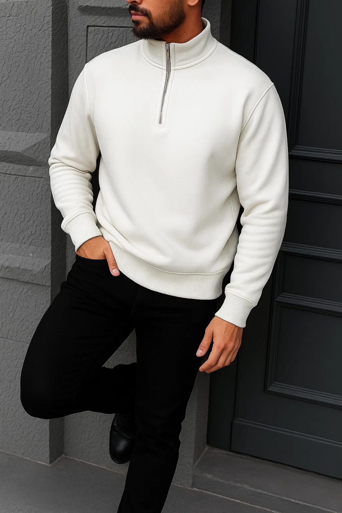 Erkek Kışlık Basic Beyaz Fermuarlı Sweatshirt 3