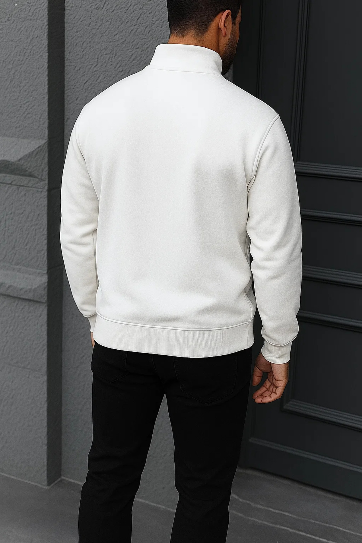Erkek Kışlık Basic Beyaz Fermuarlı Sweatshirt 6