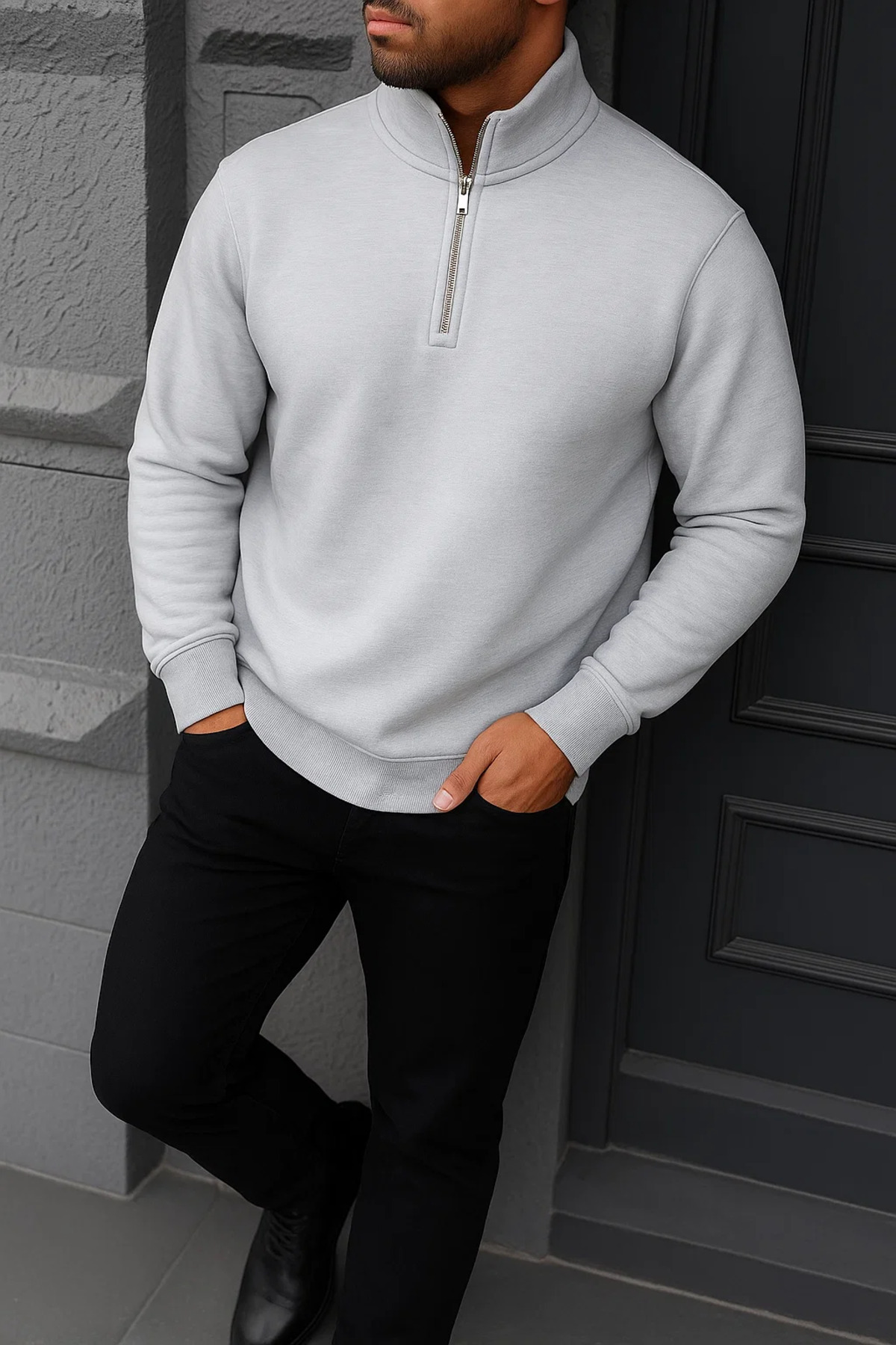Erkek Kışlık Basic Gri Fermuarlı Sweatshirt 3