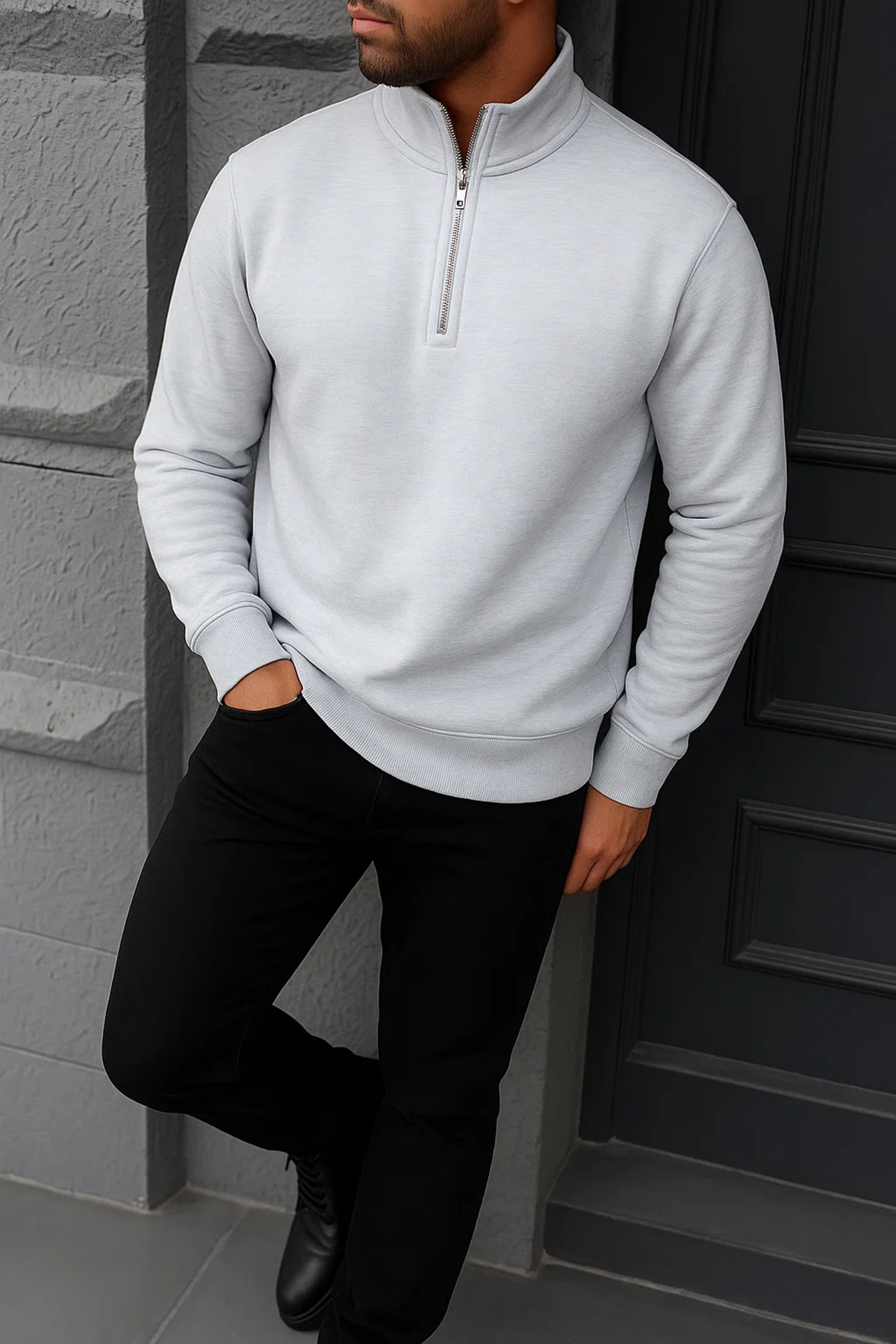 Erkek Kışlık Basic Gri Fermuarlı Sweatshirt 4