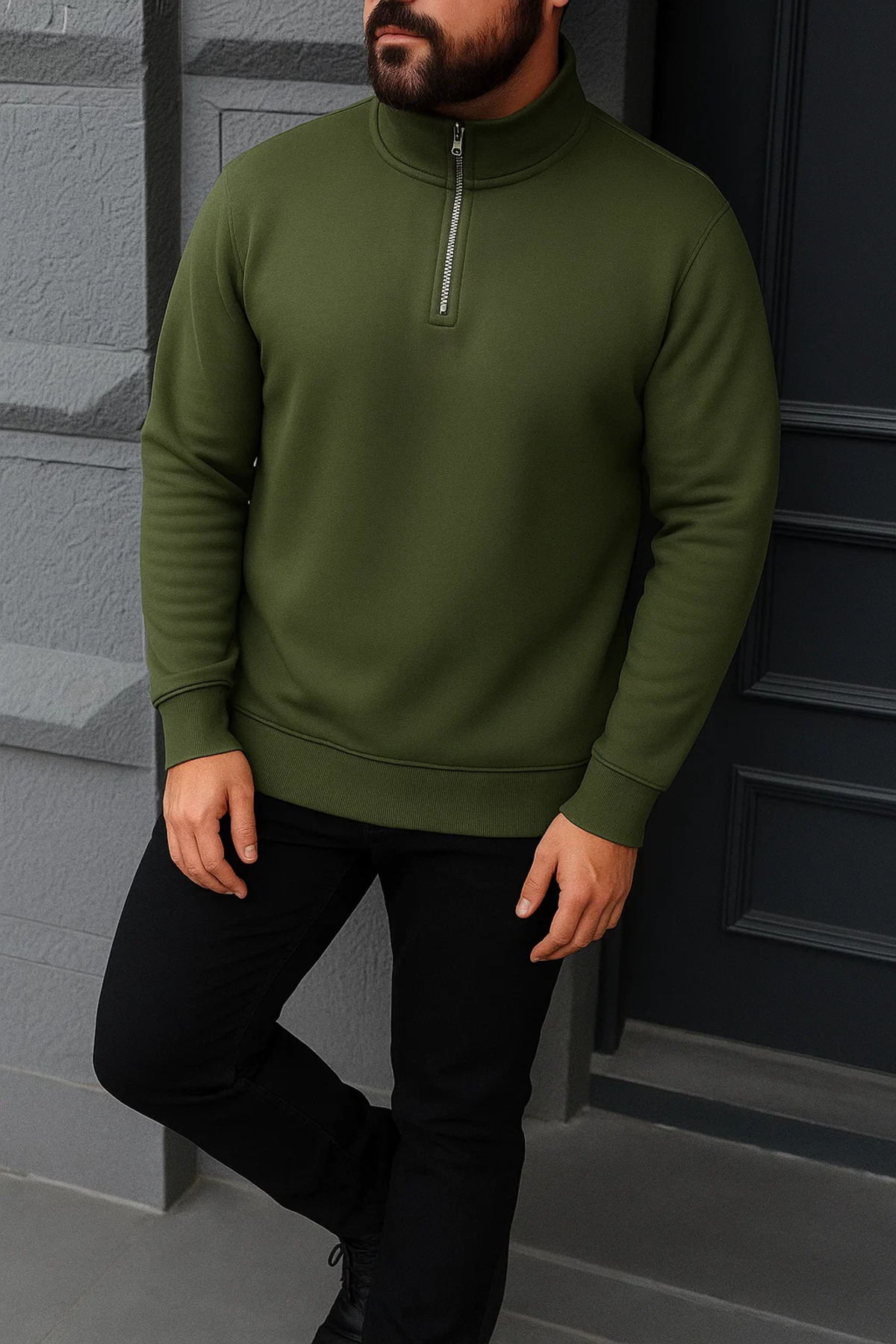Erkek Kışlık Basic Haki Fermuarlı Sweatshirt 4
