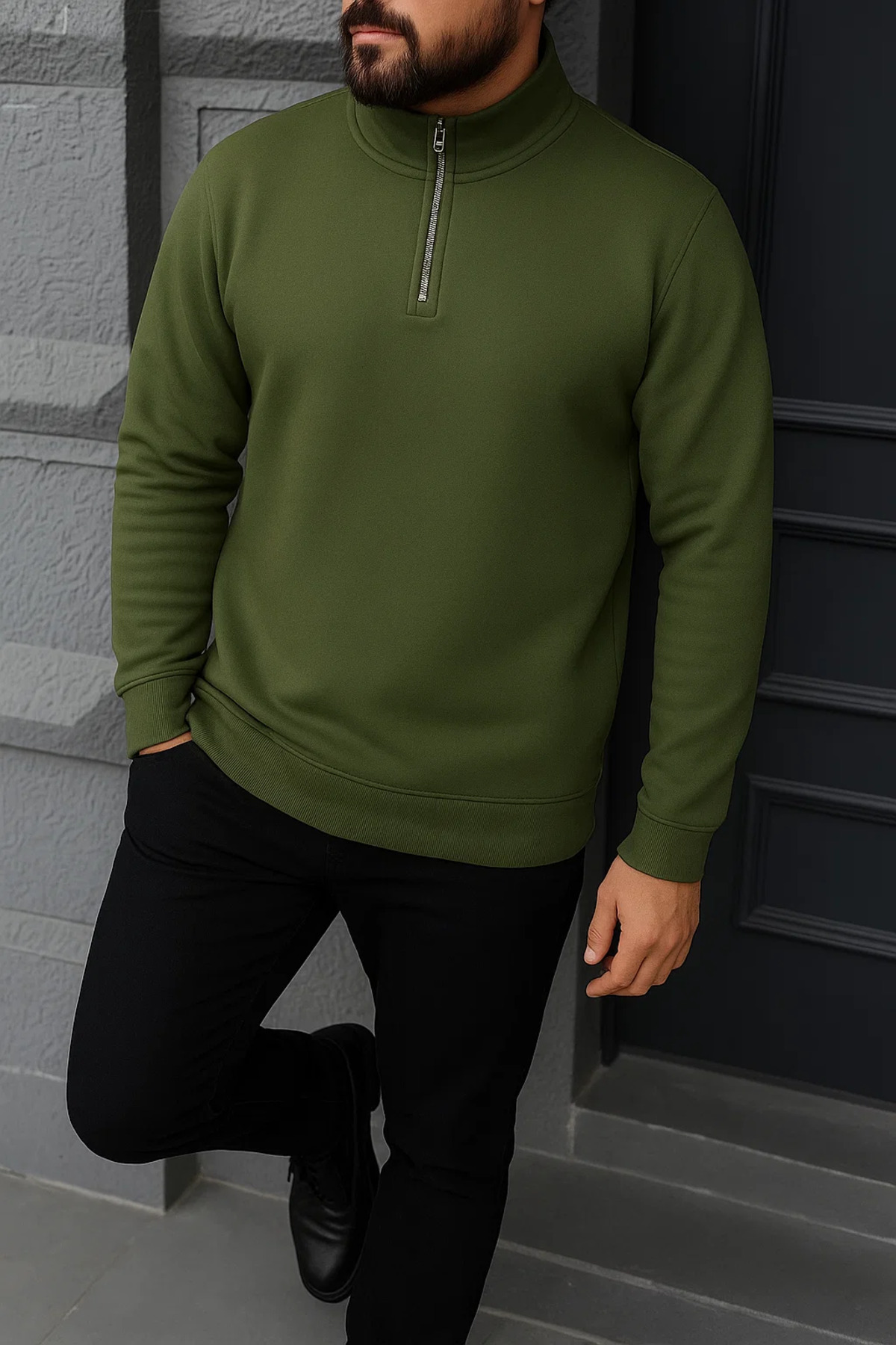 Erkek Kışlık Basic Haki Fermuarlı Sweatshirt 3