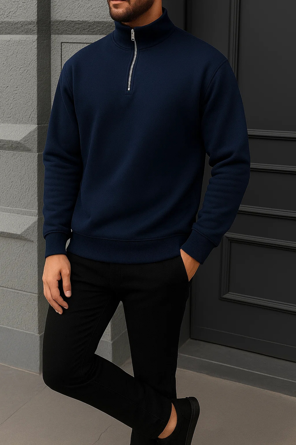 Erkek Kışlık Basic Lacivert Fermuarlı Sweatshirt 4