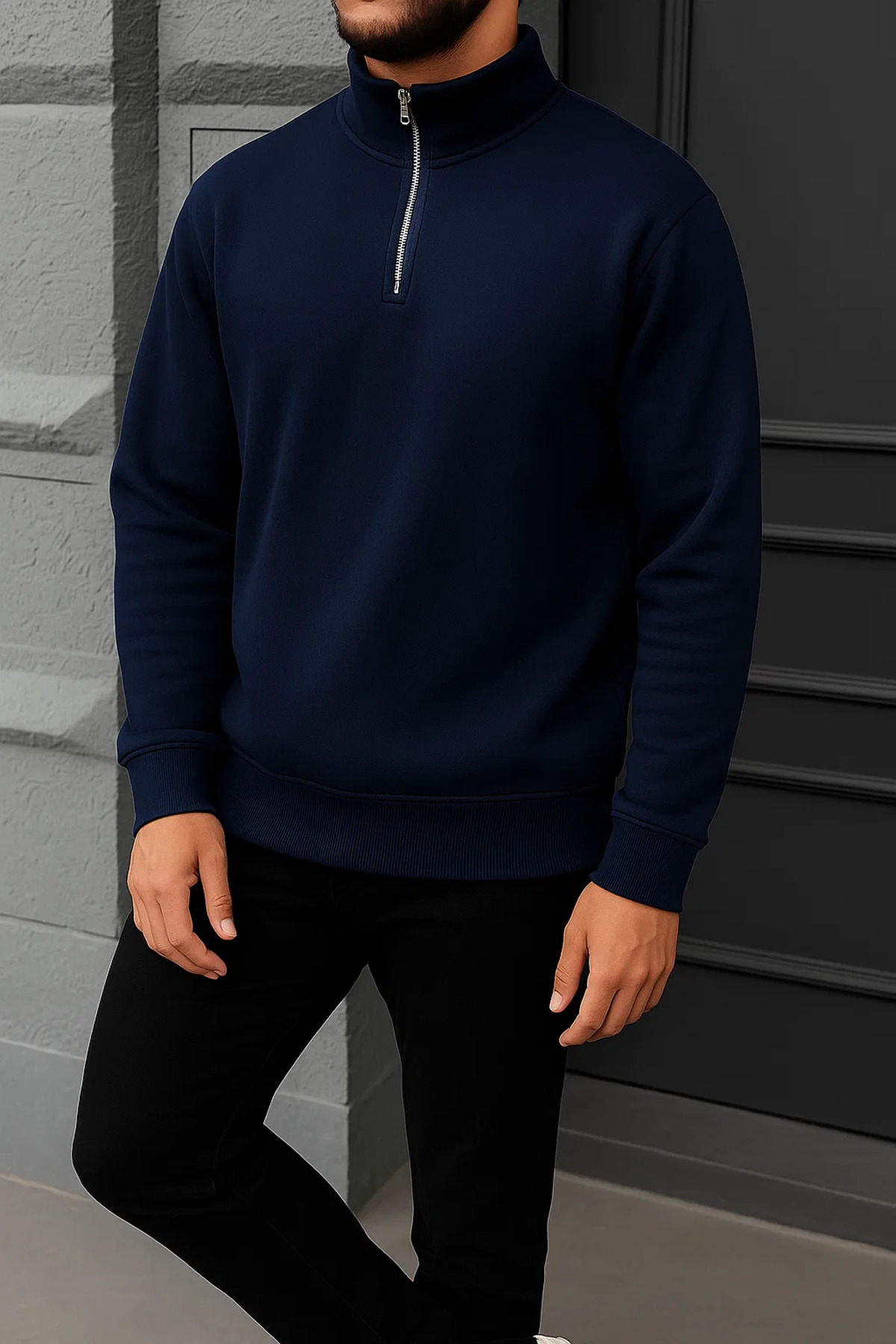 Erkek Kışlık Basic Lacivert Fermuarlı Sweatshirt 3