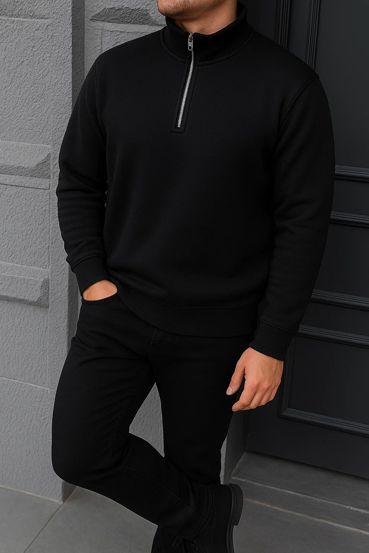 Erkek Kışlık Basic Siyah Fermuarlı Sweatshirt 4