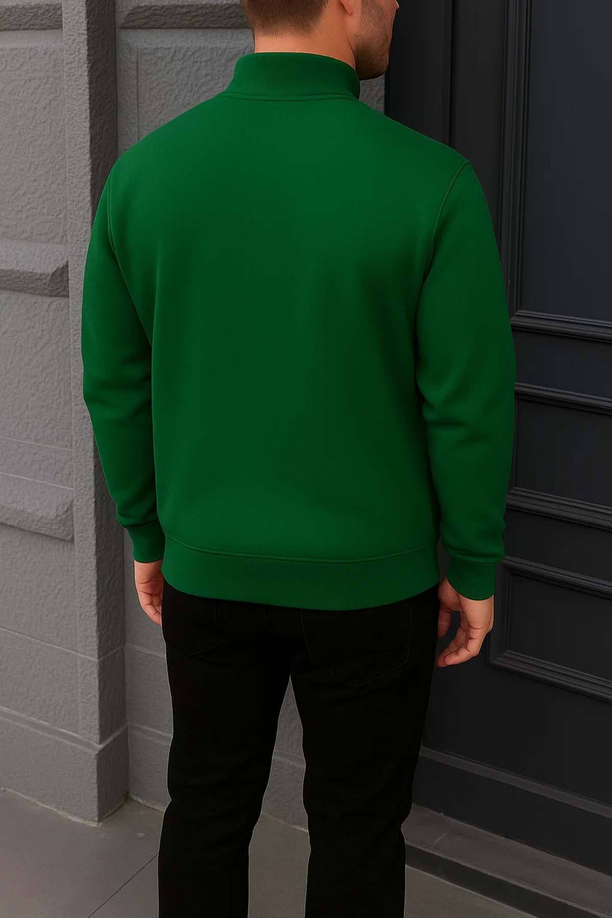 Erkek Kışlık Basic Yeşil Fermuarlı Sweatshirt 5