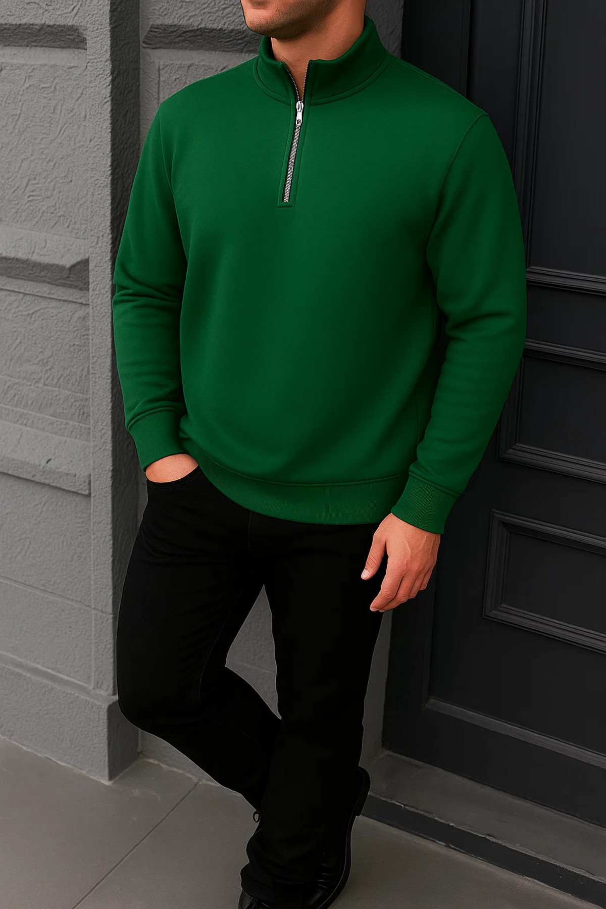 Erkek Kışlık Basic Yeşil Fermuarlı Sweatshirt 3