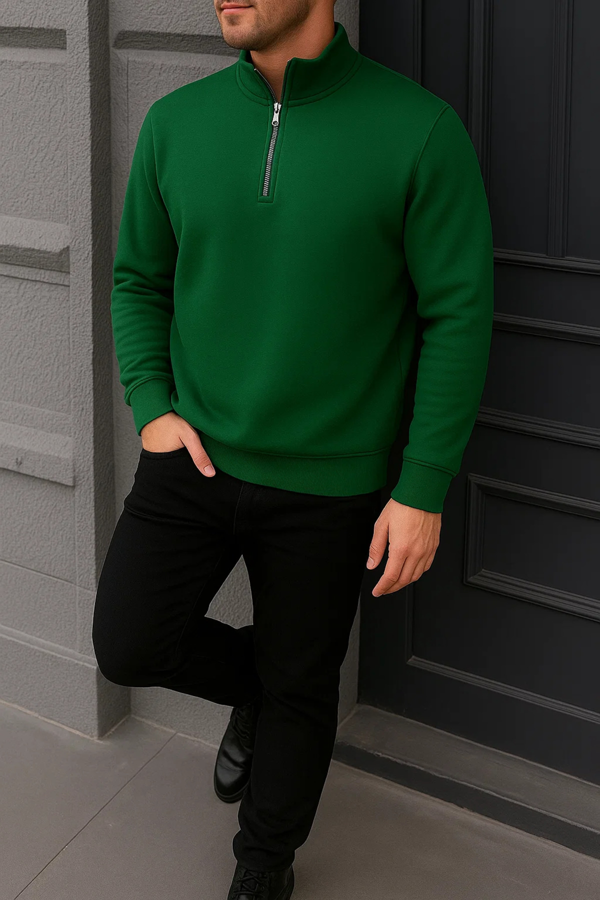 Erkek Kışlık Basic Yeşil Fermuarlı Sweatshirt 4