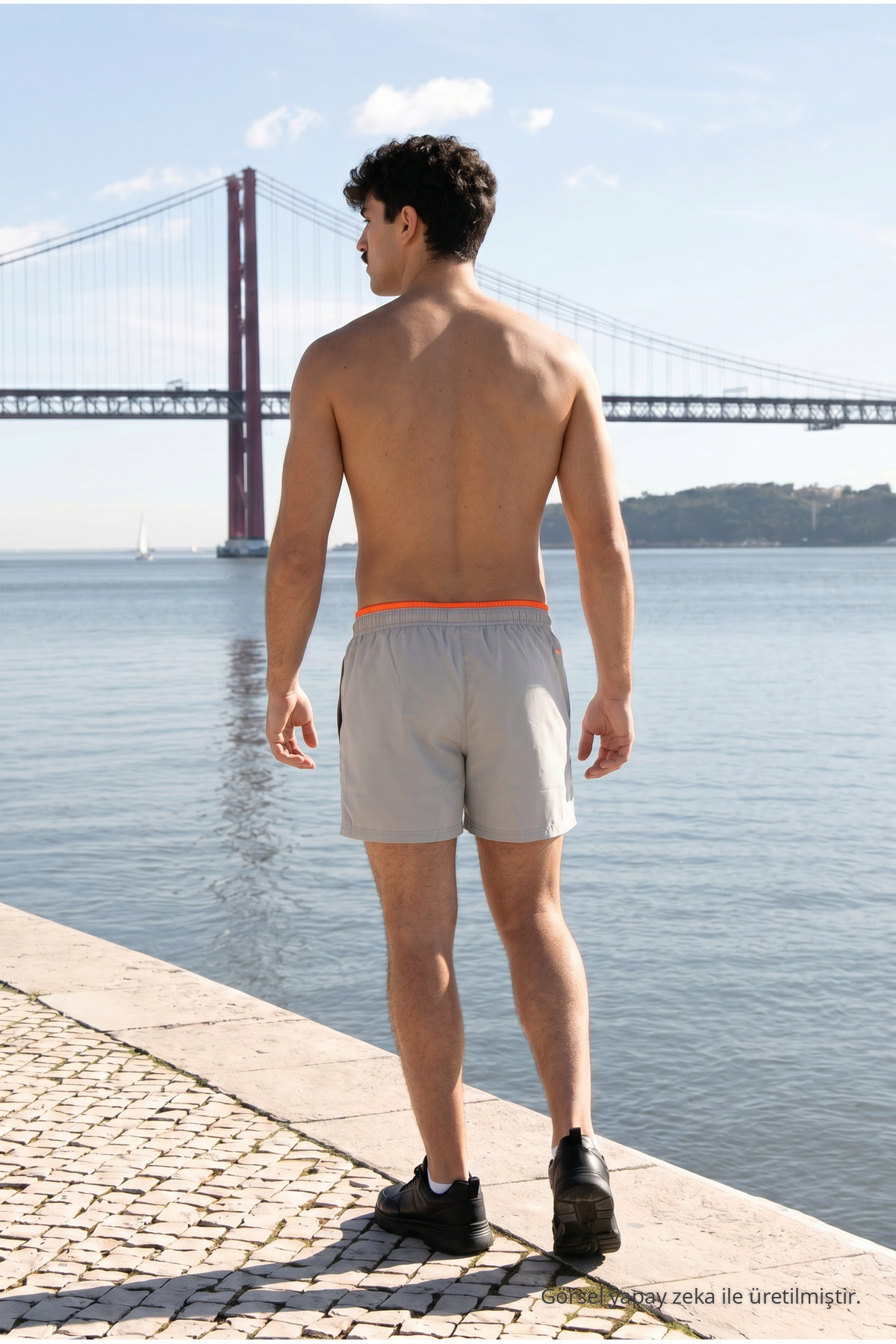 Erkek Relax Fit Bağcıklı Fermuarlı Cepli Gri Deniz Şortu 6